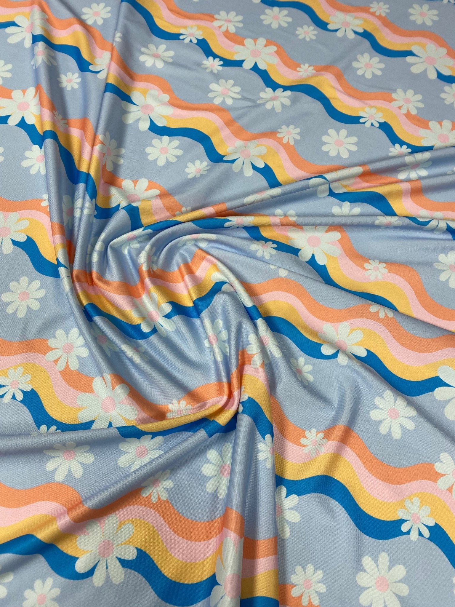Retro Wave Daisy Print Lycra Stretch Fabric – Floral Pattern by Metre ...