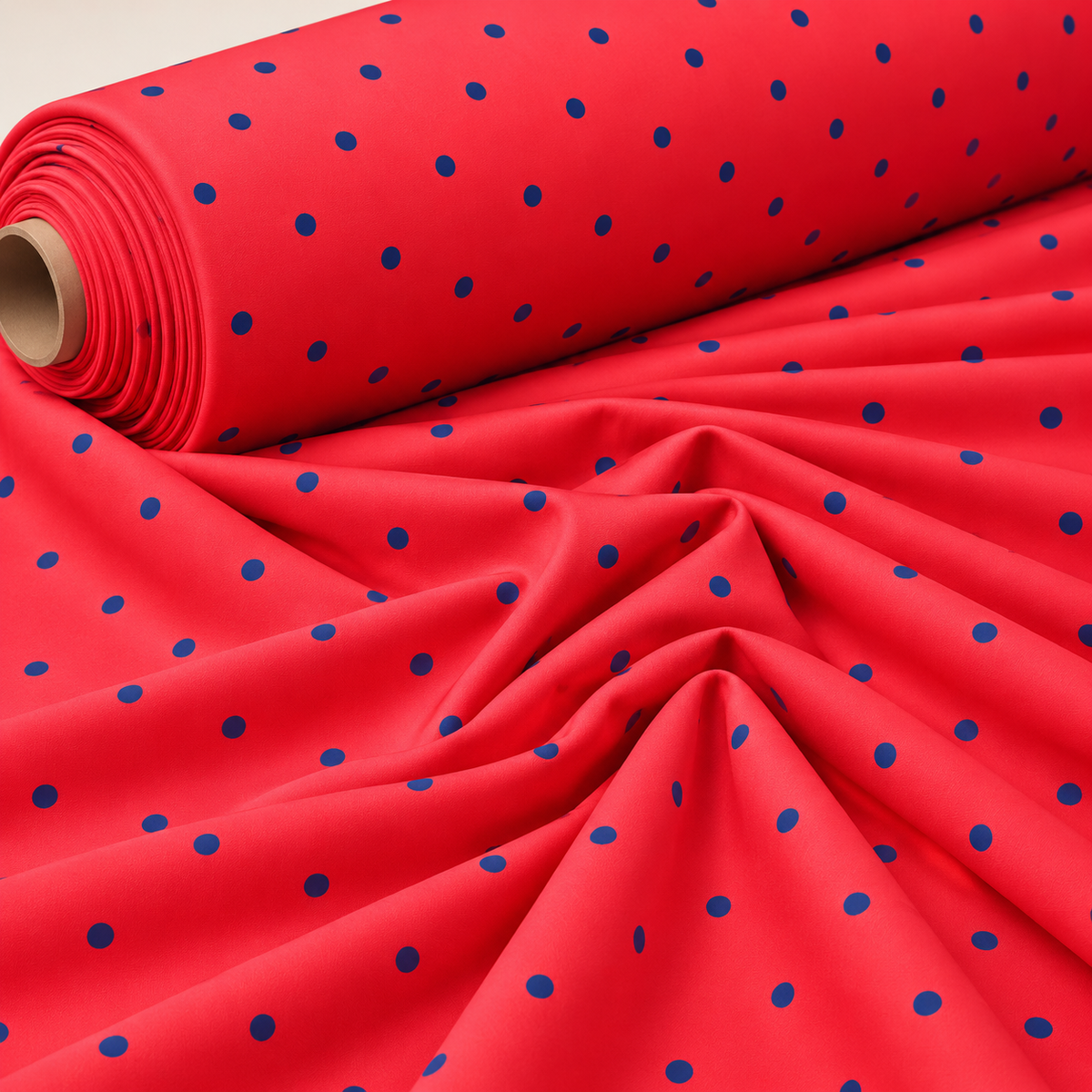 Red with Royal Blue Polka Dot Satin Fabric by the Metre