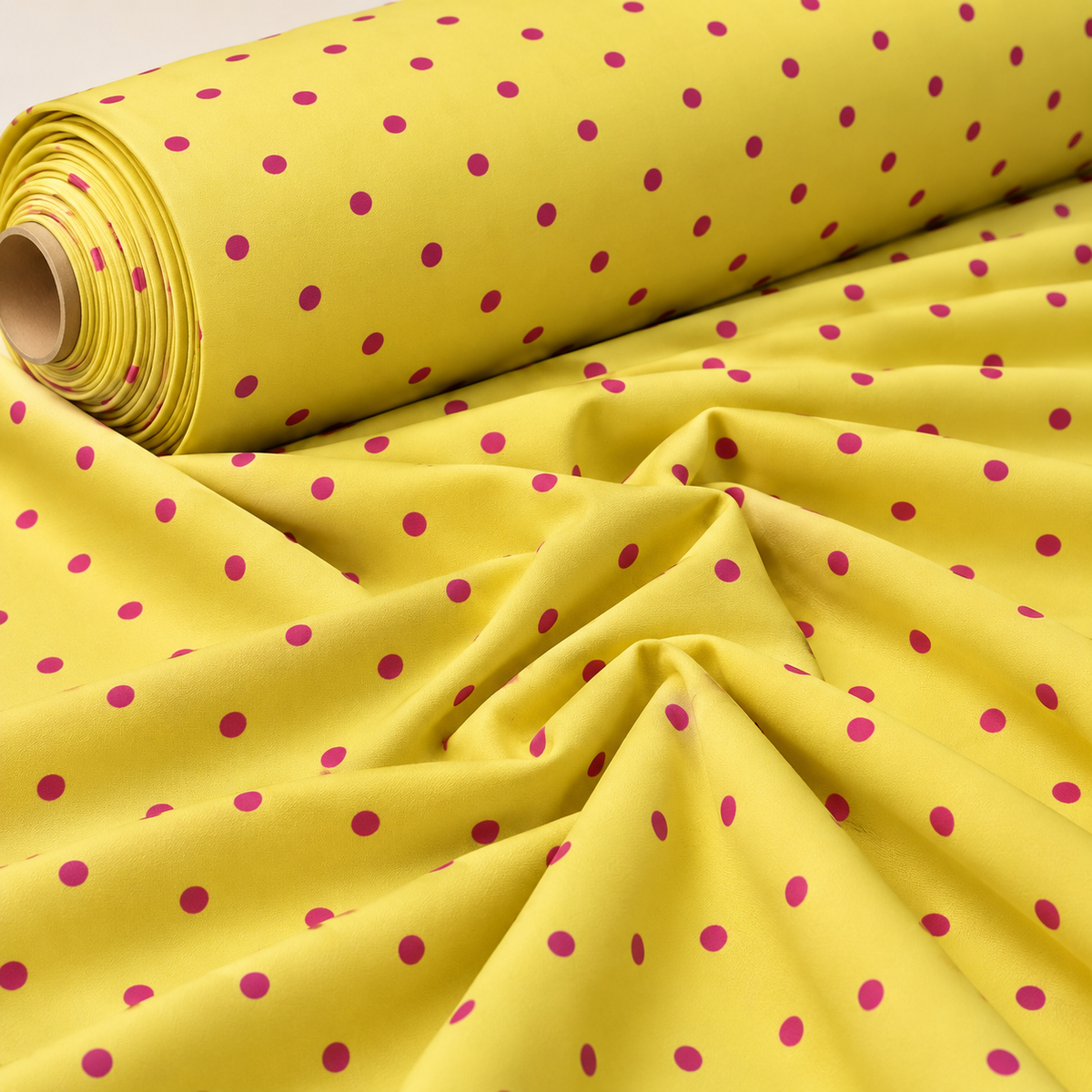 Yellow with Pink Polka Dot Satin Fabric by the Metre