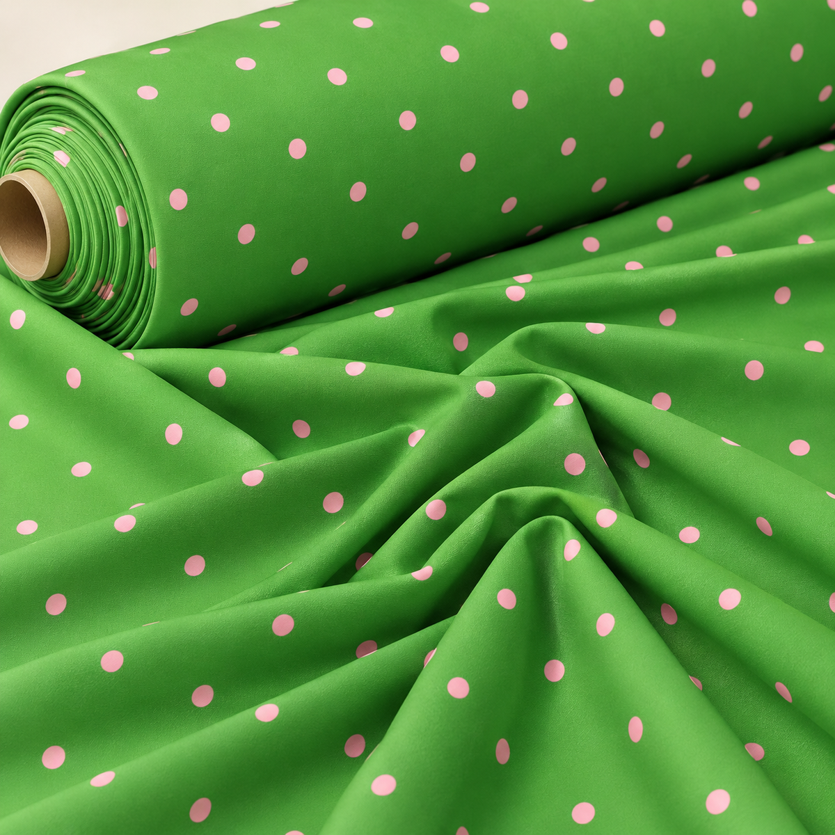Green & Pink Polka Dot Satin Fabric by the Metre