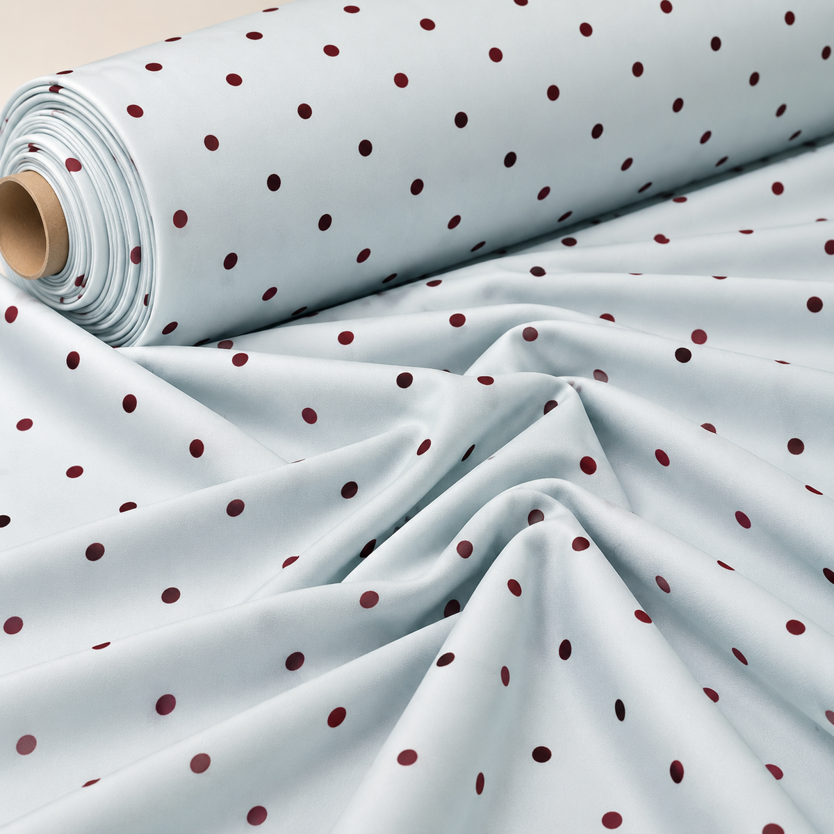 Ice Blue with Burgundy Polka Dot Satin Fabric by the Metre