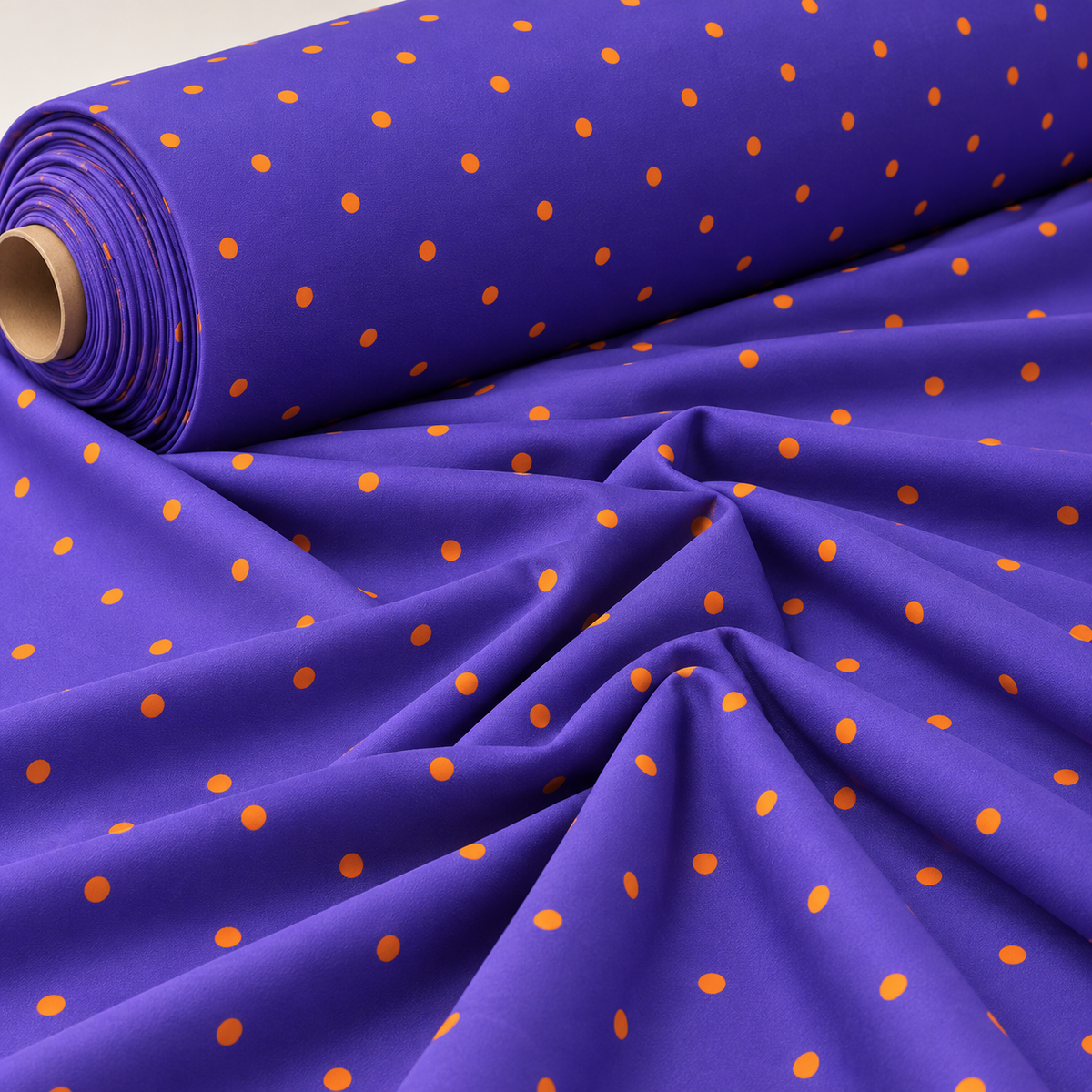 Purple with Orange Polka Dot Satin Fabric by the Metre