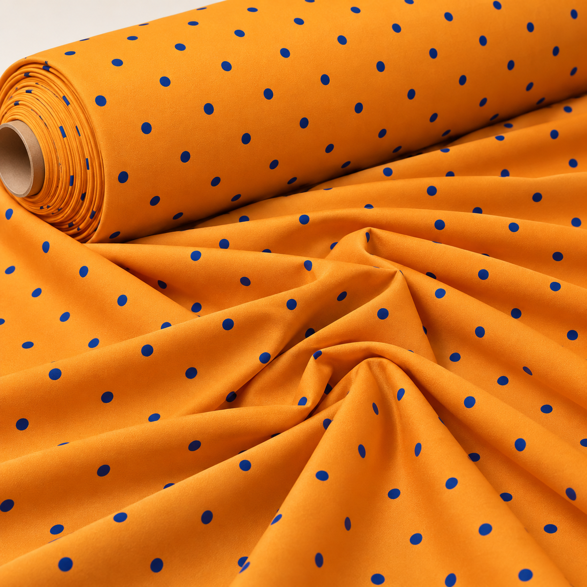 Orange with Royal Blue Polka Dot Satin Fabric by the Metre