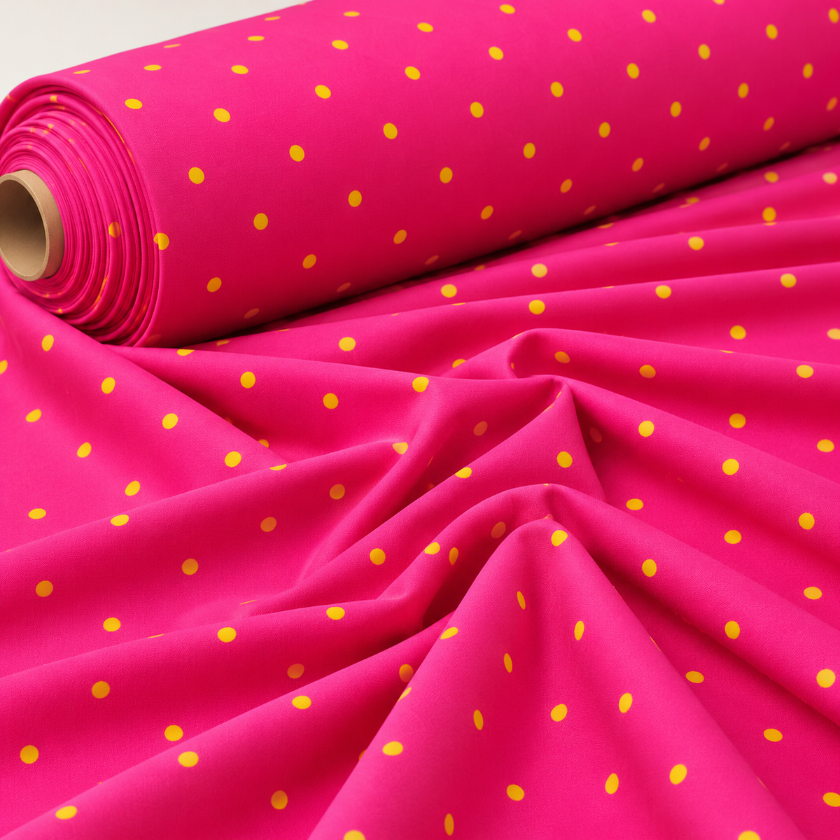 Hot Pink with Yellow Polka Dot Satin Fabric by the Metre