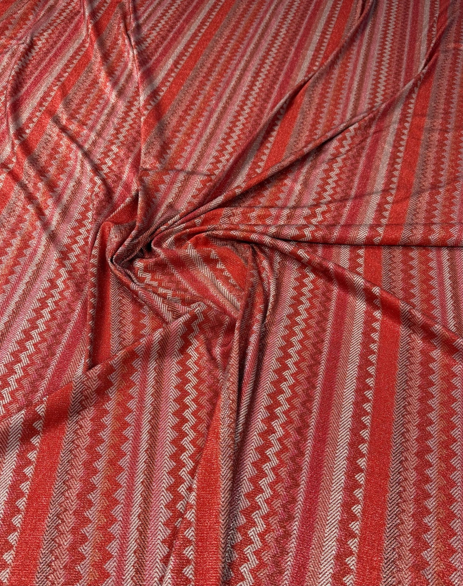 4 - Way Stretch Pink Red Zigzag Knit Fabric with Lurex Accent - Whotex Fabrics London