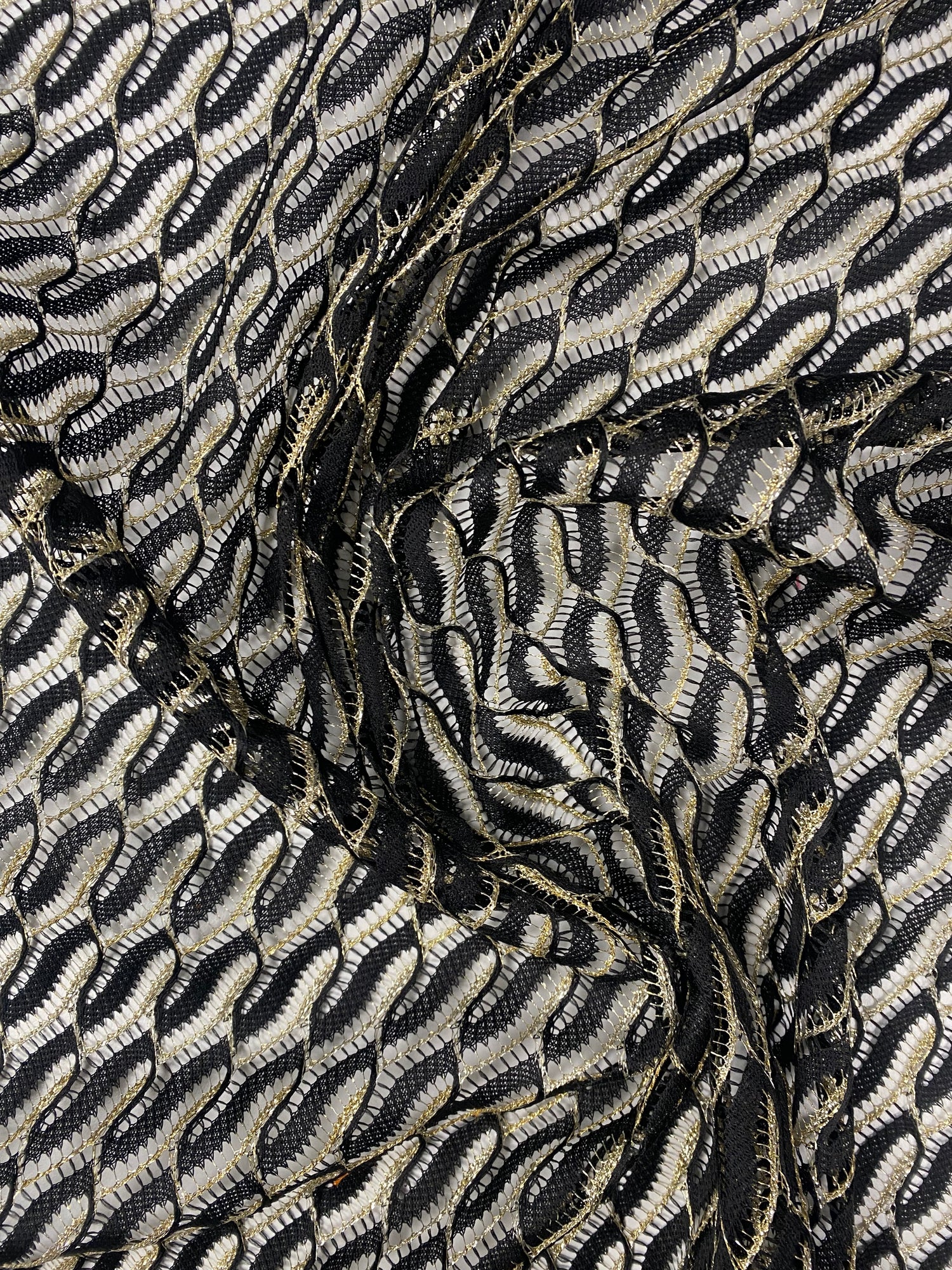 Black Wave Openwork Mesh Knit Fabric with Metallic Thread by the Metre