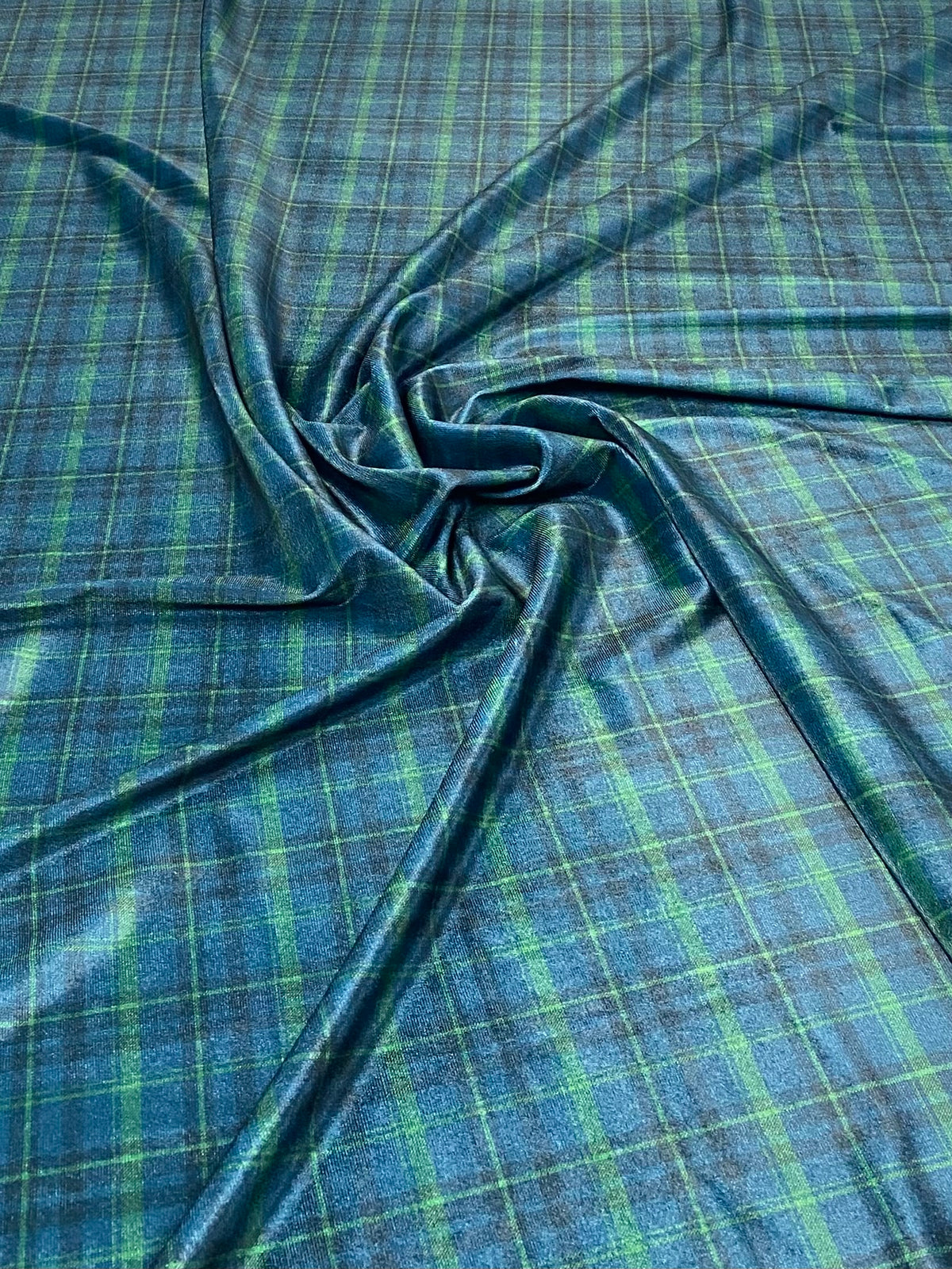 Blue & Green Check Velvet Fabric by the Metre