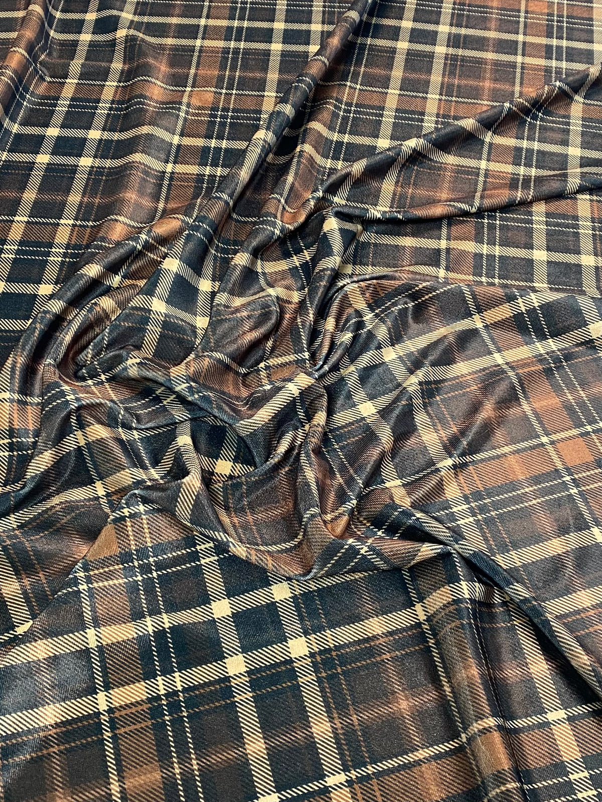 Brown & Black Check Velvet Fabric by the Metre