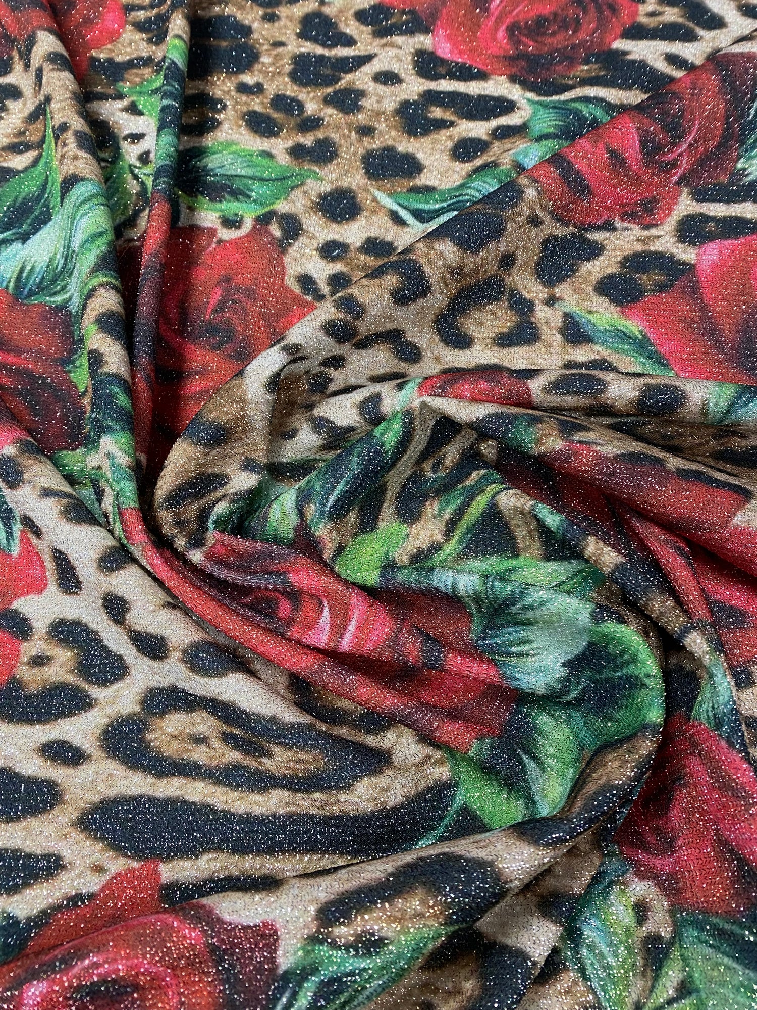 Rose Print Leopard Lurex Fabric with Subtle Shine Sold by the Metre