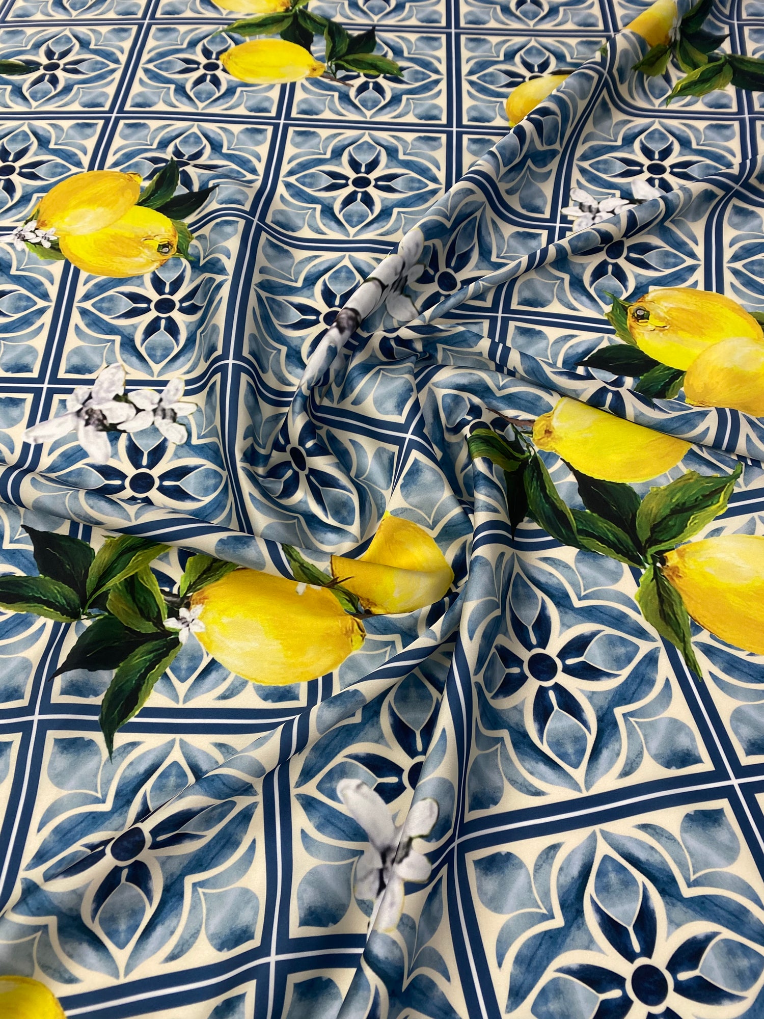 Mediterranean Lemon and Blue Tile Print Fabric