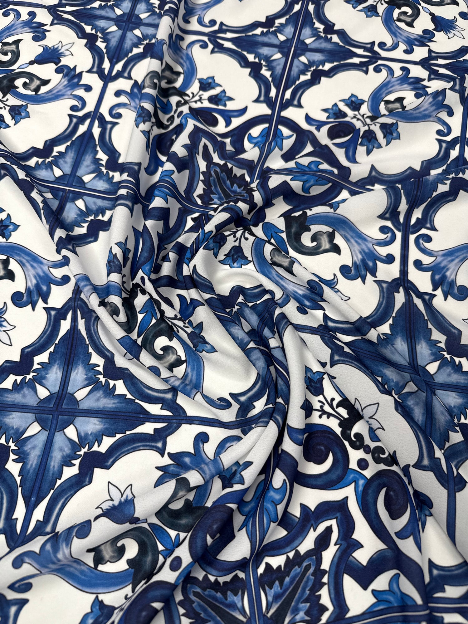 Blue Tile Print Moss Crepe Fabric by the Metre