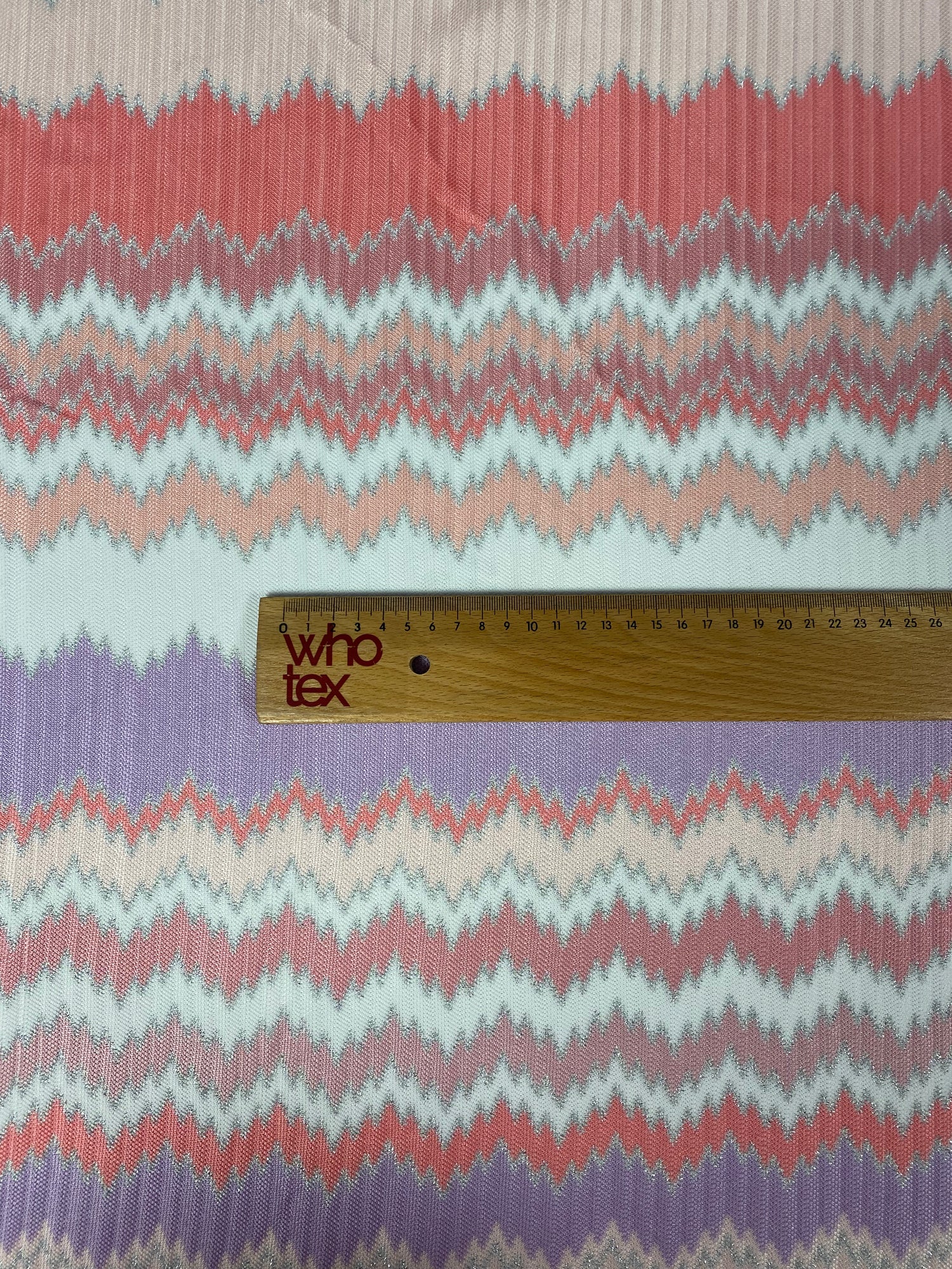 Purple and Coral Zigzag Woven Fabric with Metallic Accents