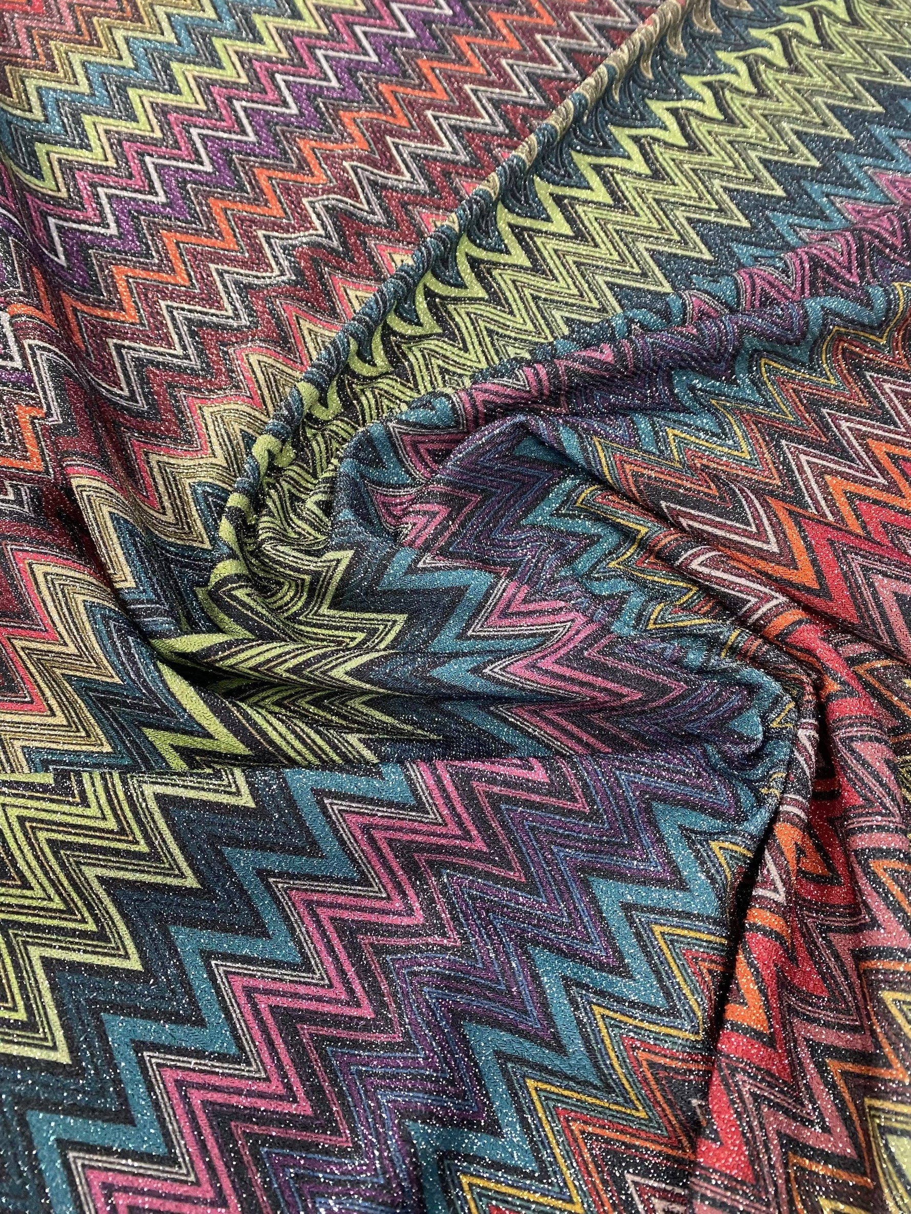 Multicolor zigzag pattern woven fabric with gold lurex glitter and 4-way stretch spandex blend