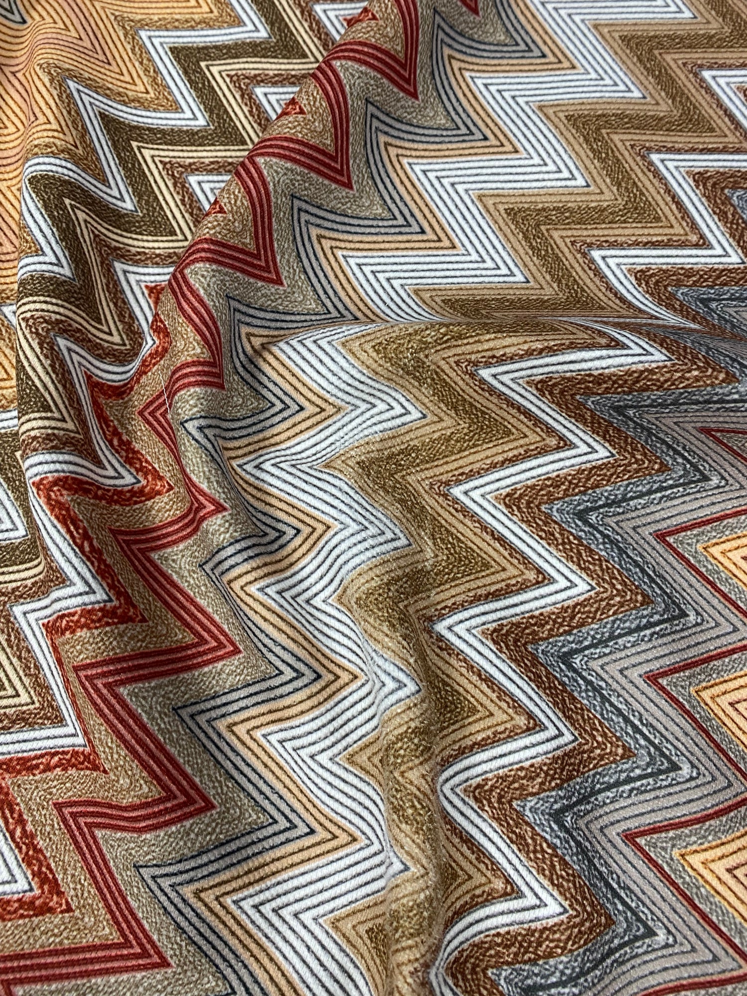 Multicolor Chevron Upholstery Fabric – Textured Zigzag Pattern in Earth Tones for Furniture and Decor