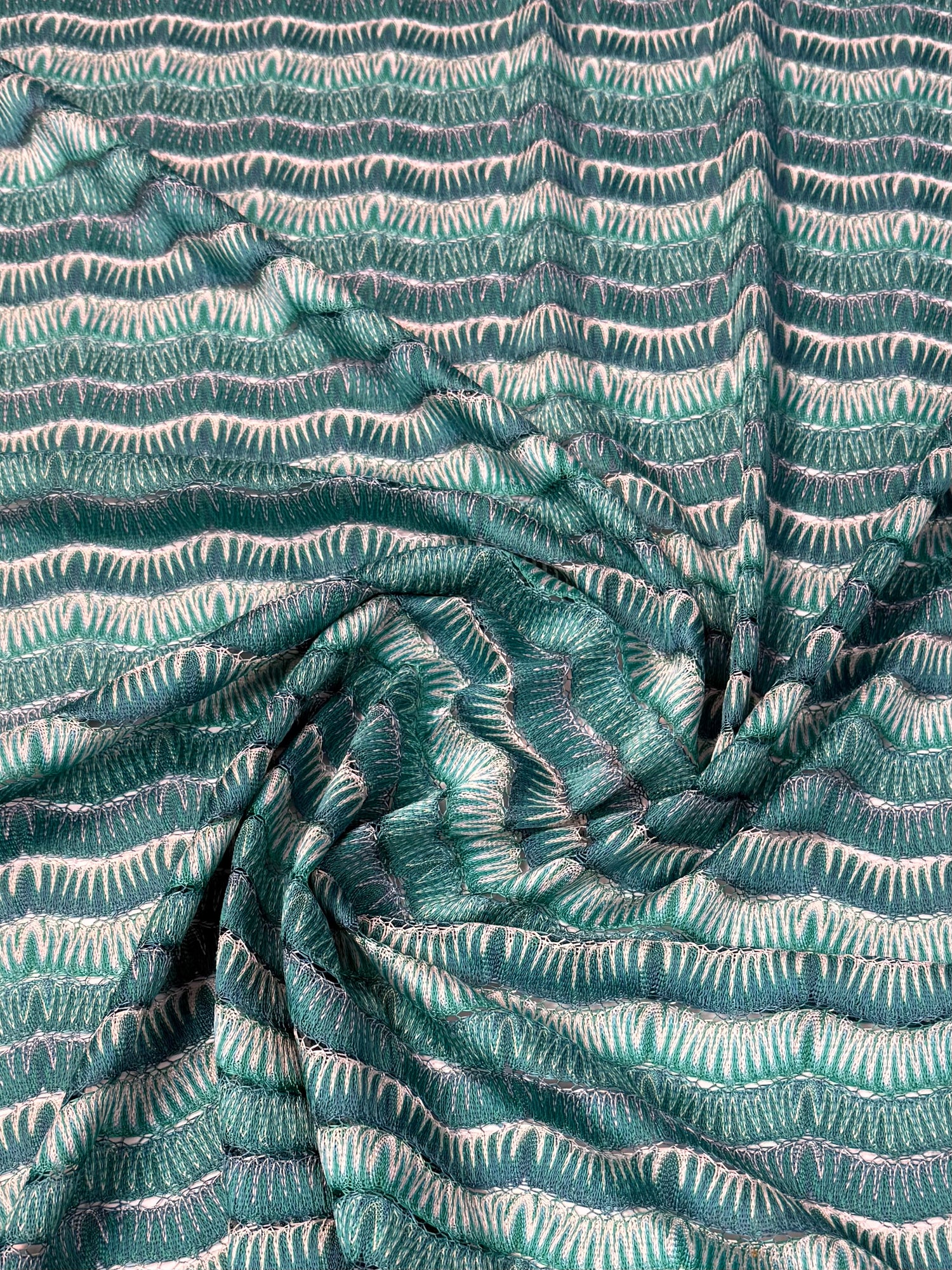 Teal Wave Pattern Mesh Fabric by the Metre
