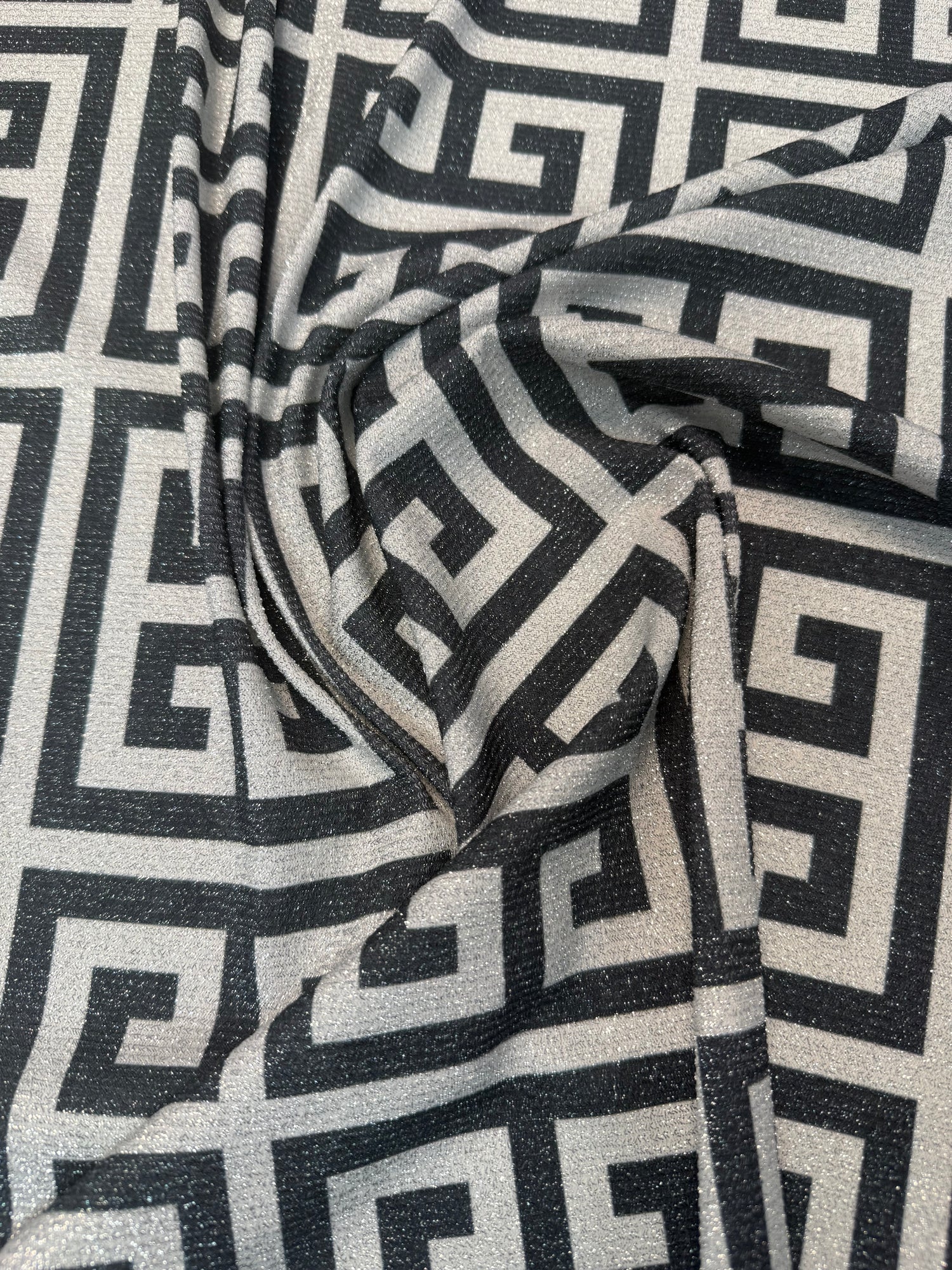 Black & Silver Greek Key Lurex Fabric by the Metre