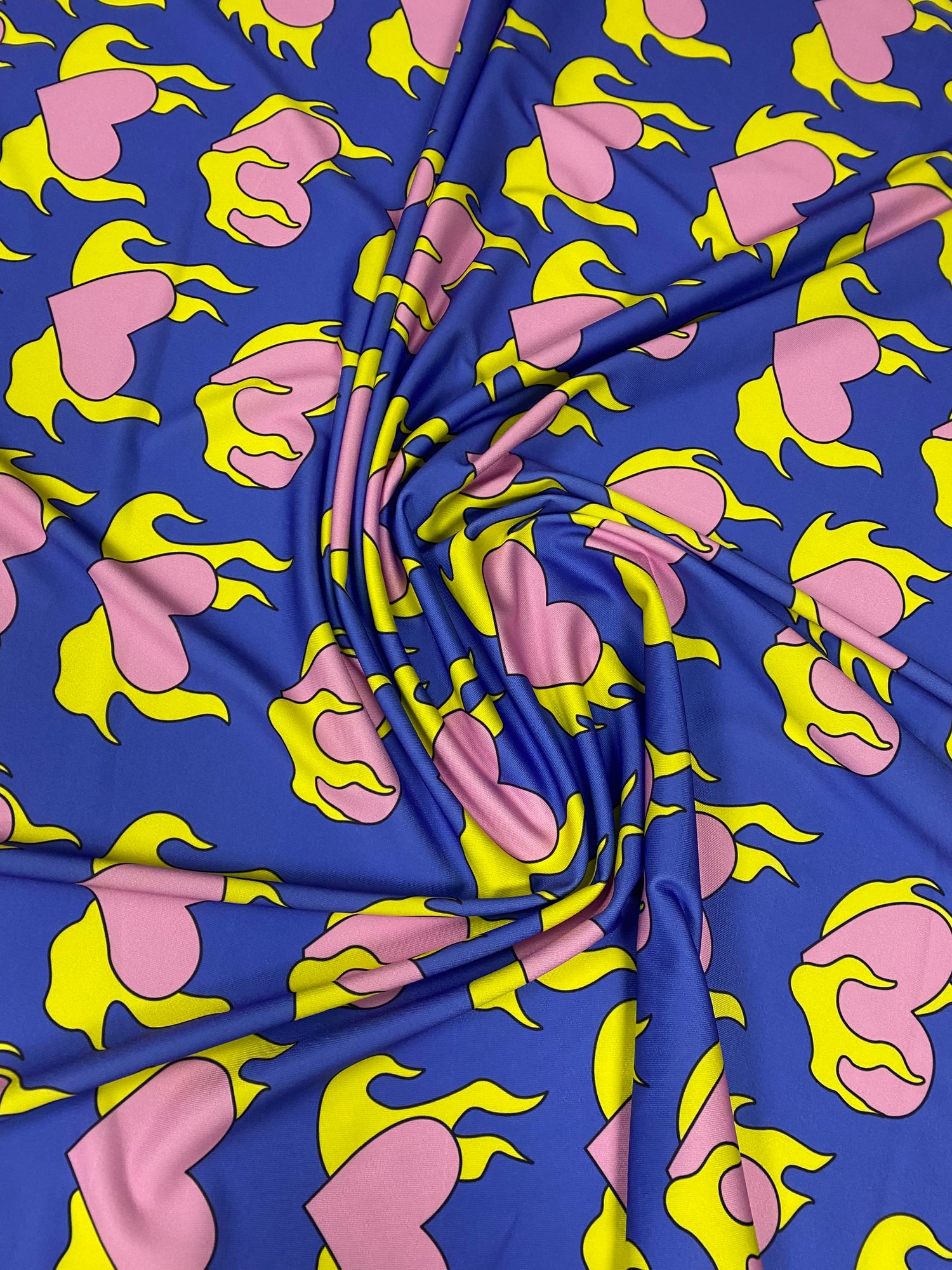 Pink Heart  Yellow Flames Fabric – Custom Printed Fabric on Satin, Crepe, Spandex or Chiffon