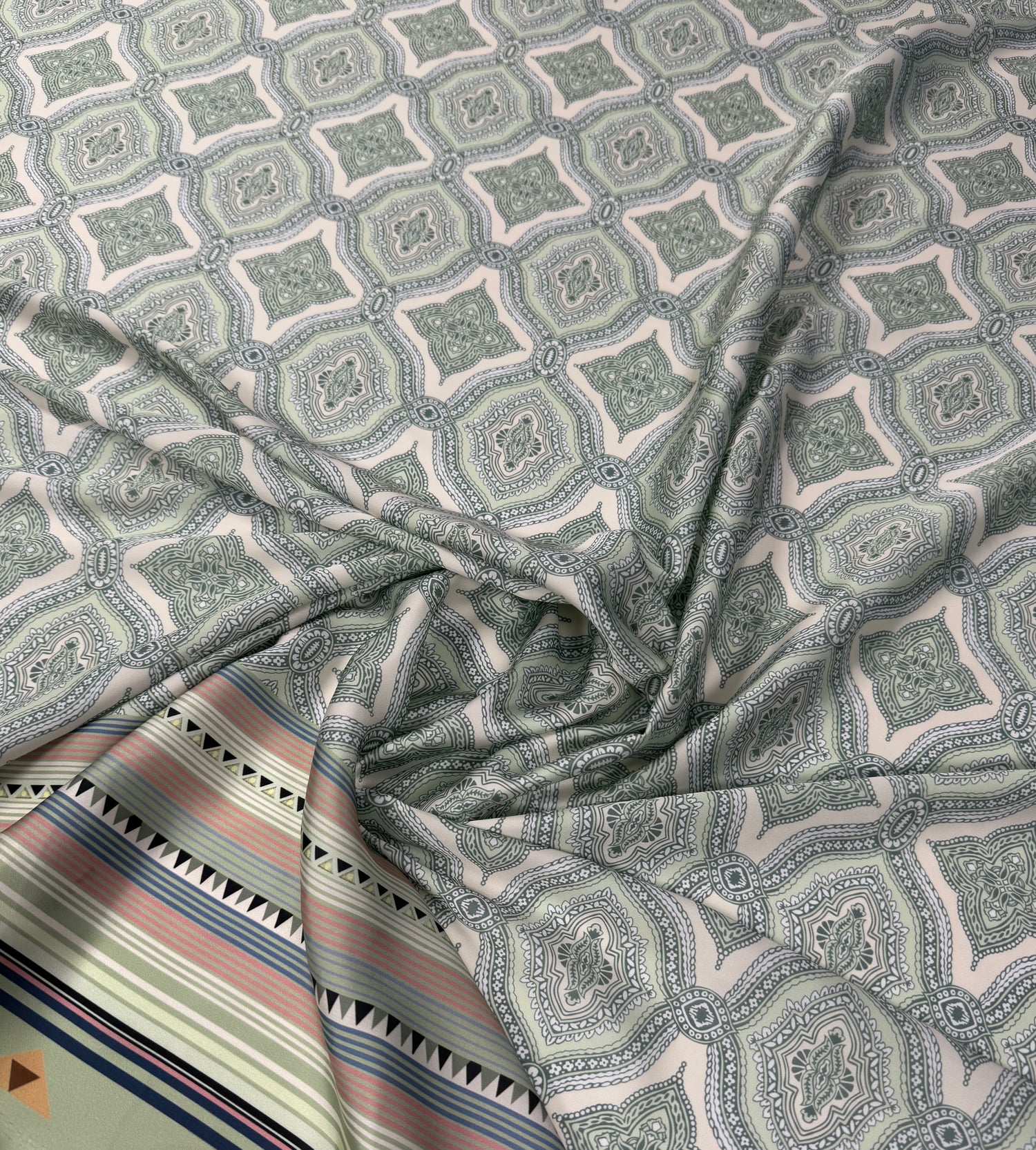Soft Green and Pink Ethnic Pattern with Border Stripes Fabric – Custom Printed Fabric, Choose Material by Metre