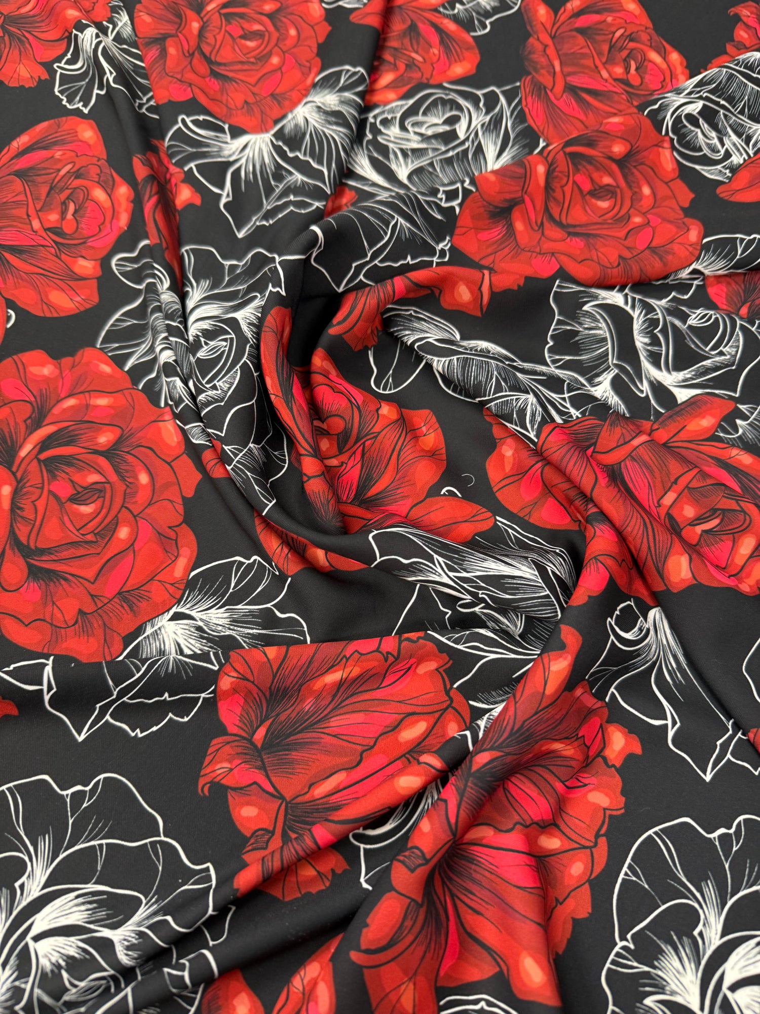 Red Rose Print Crepe Fabric by the Metre
