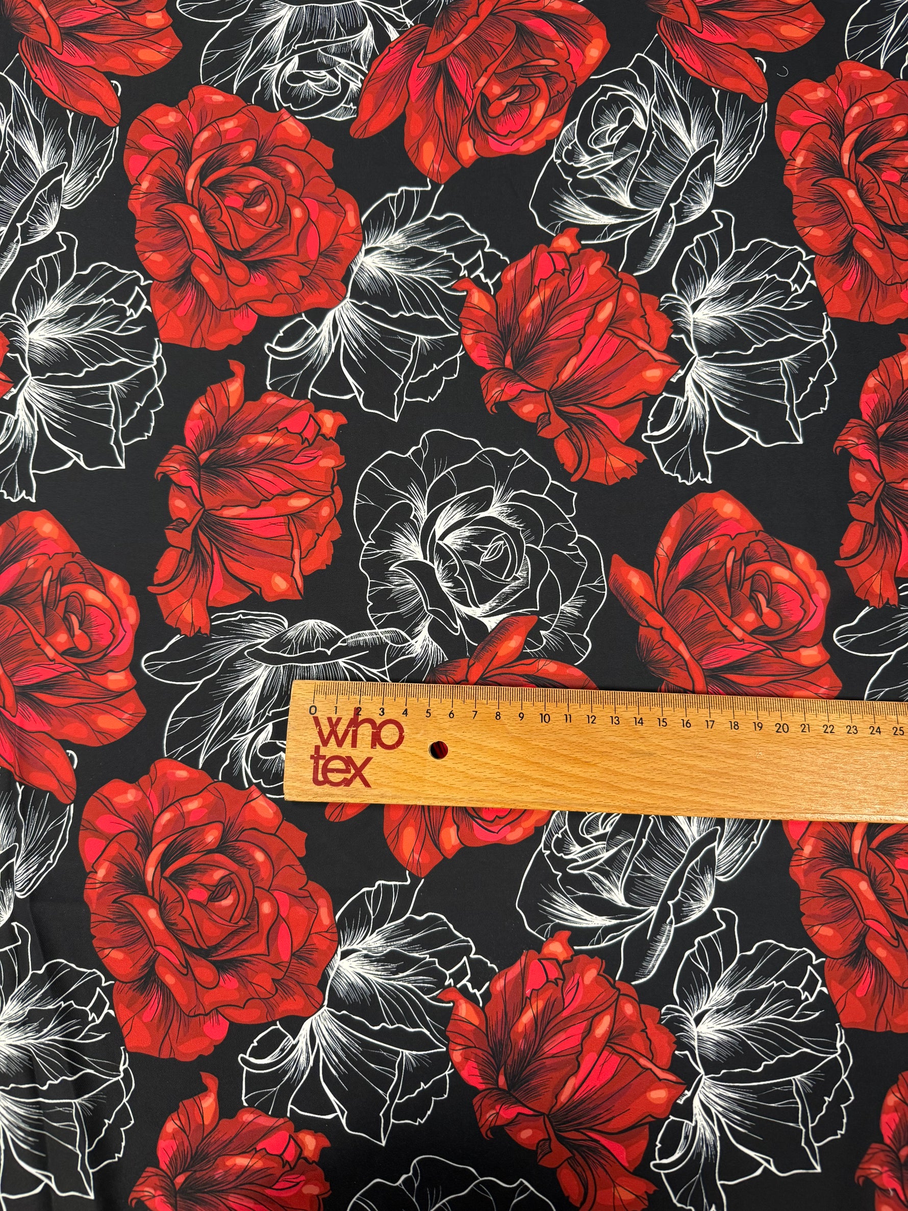 Ruby Roses Print Red Rose Print Crepe Fabric by the Metre – Whotex Fabrics London