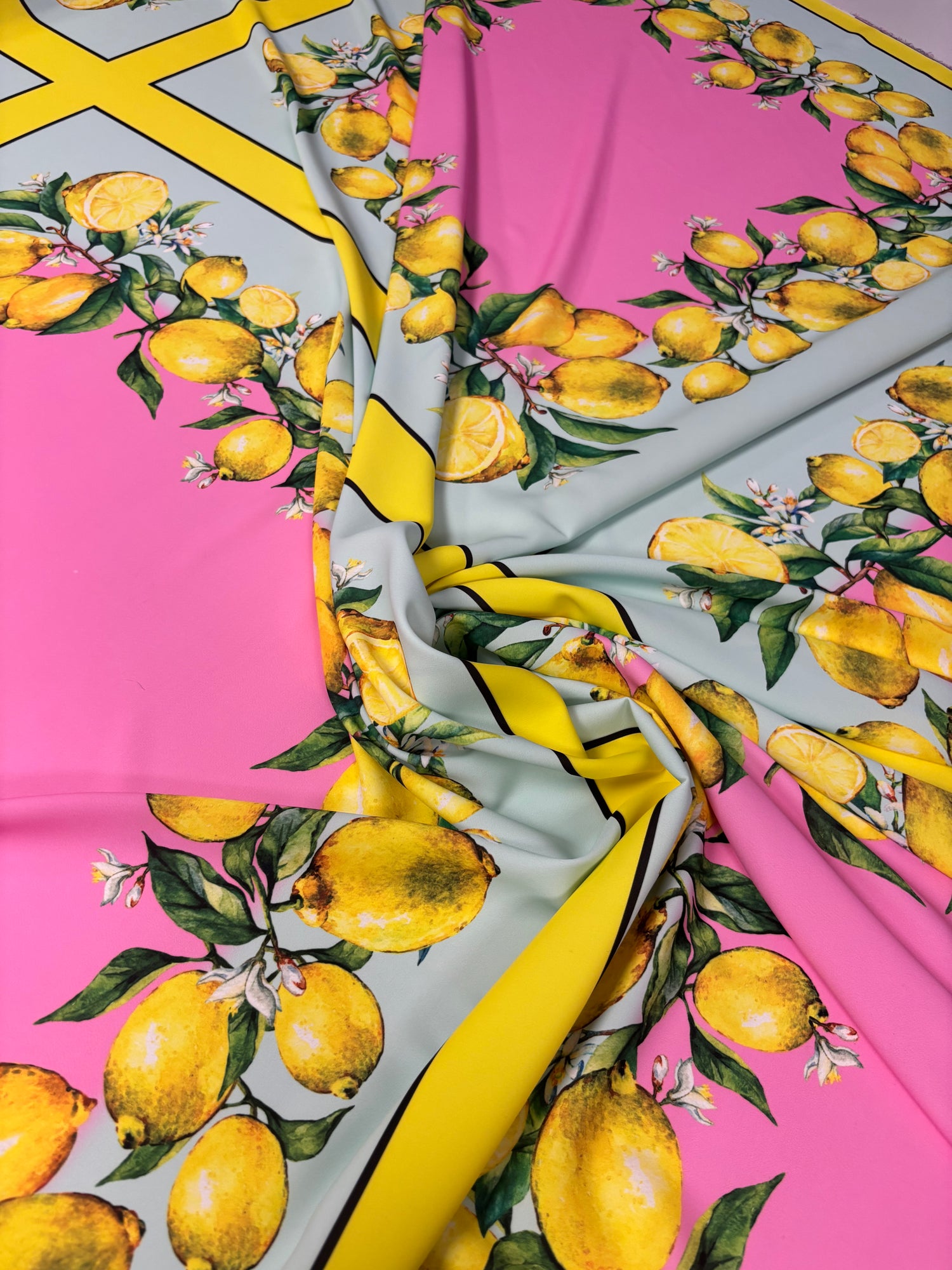 Pink Lemon Print Crepe Fabric by the Metre – Mediterranean Summer