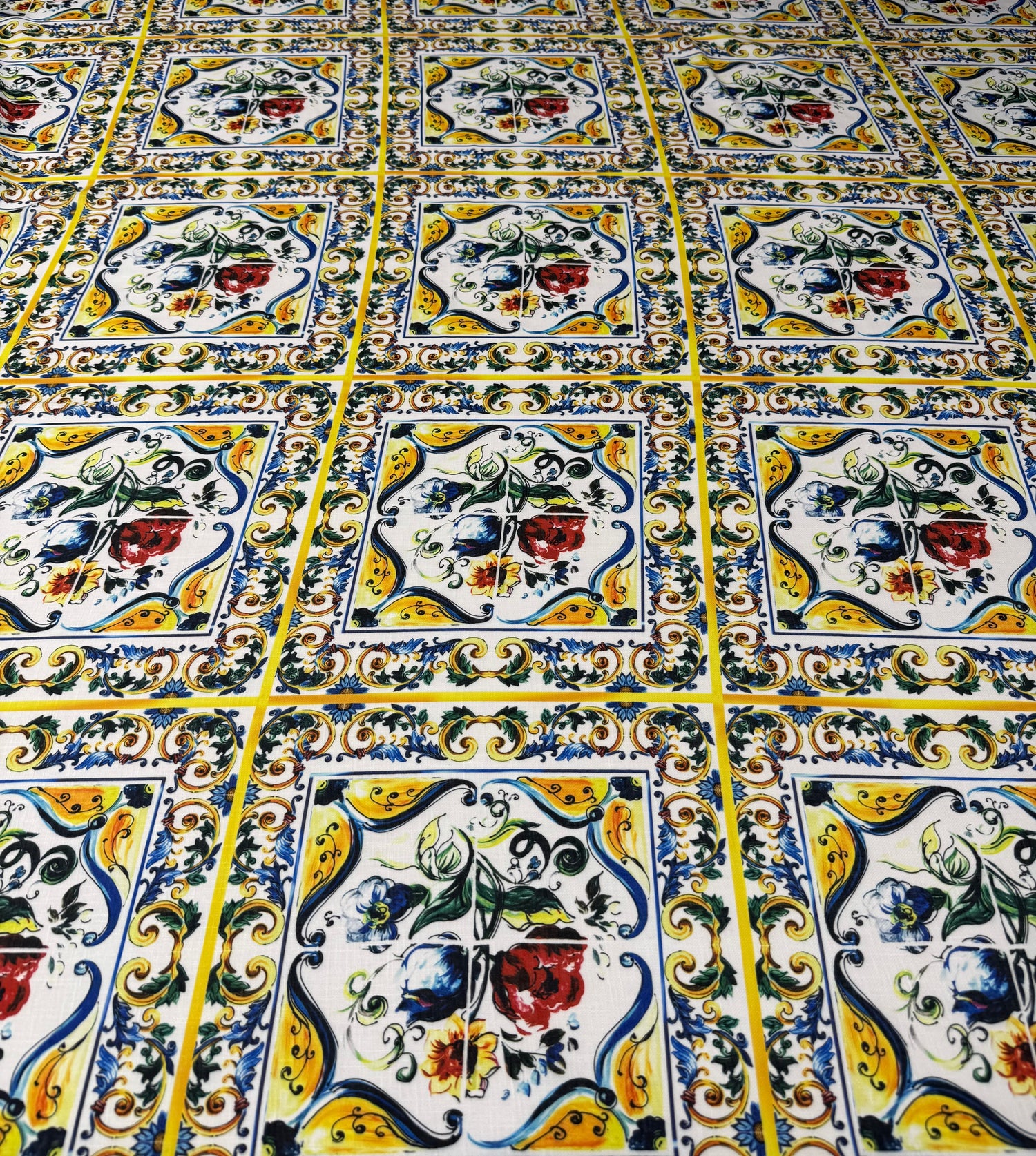 Blue and Yellow Floral Majolica Pattern Fabric Sold by Metre