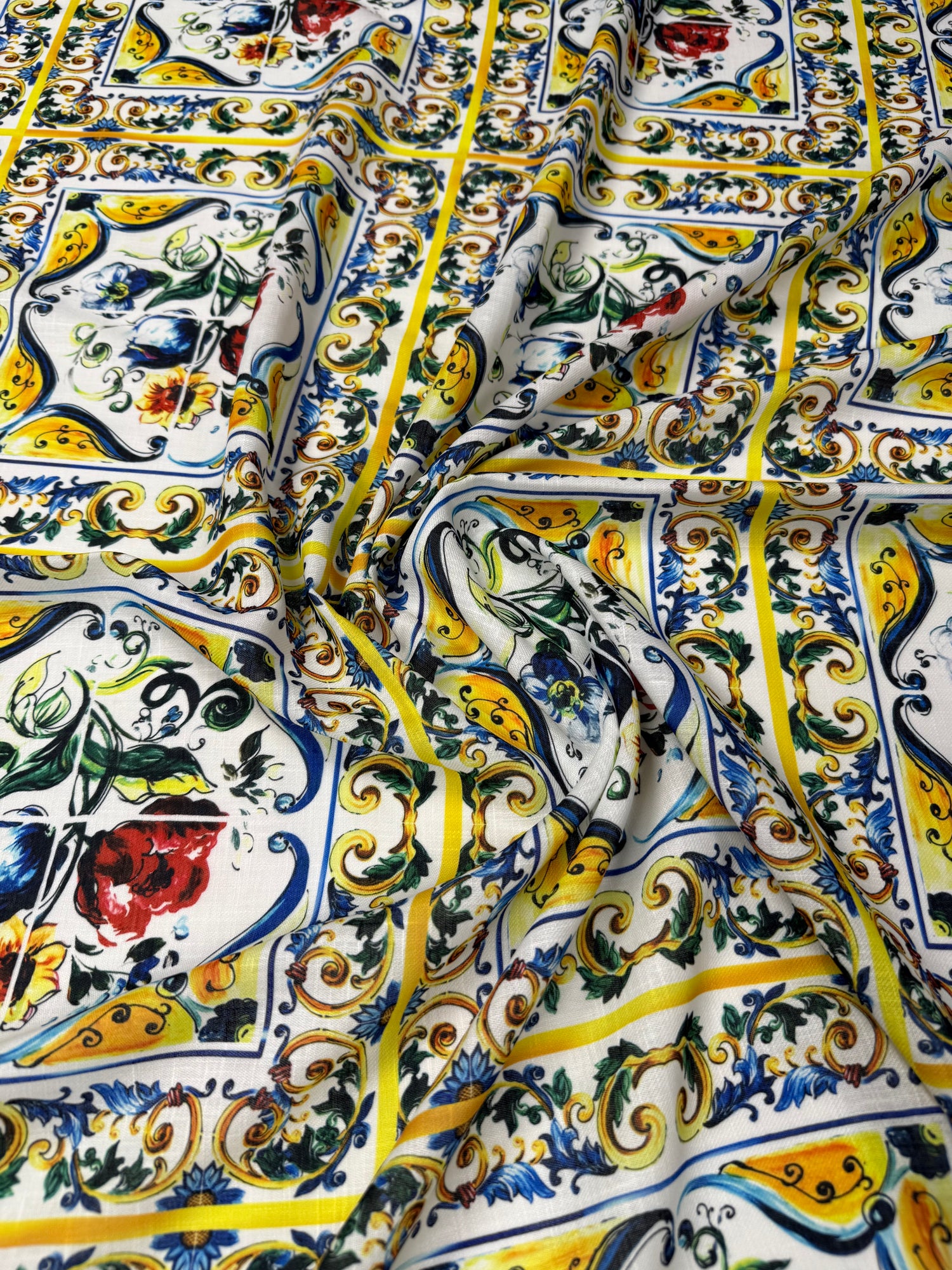 Tile Floral Poly Linen Fabric by the Metre