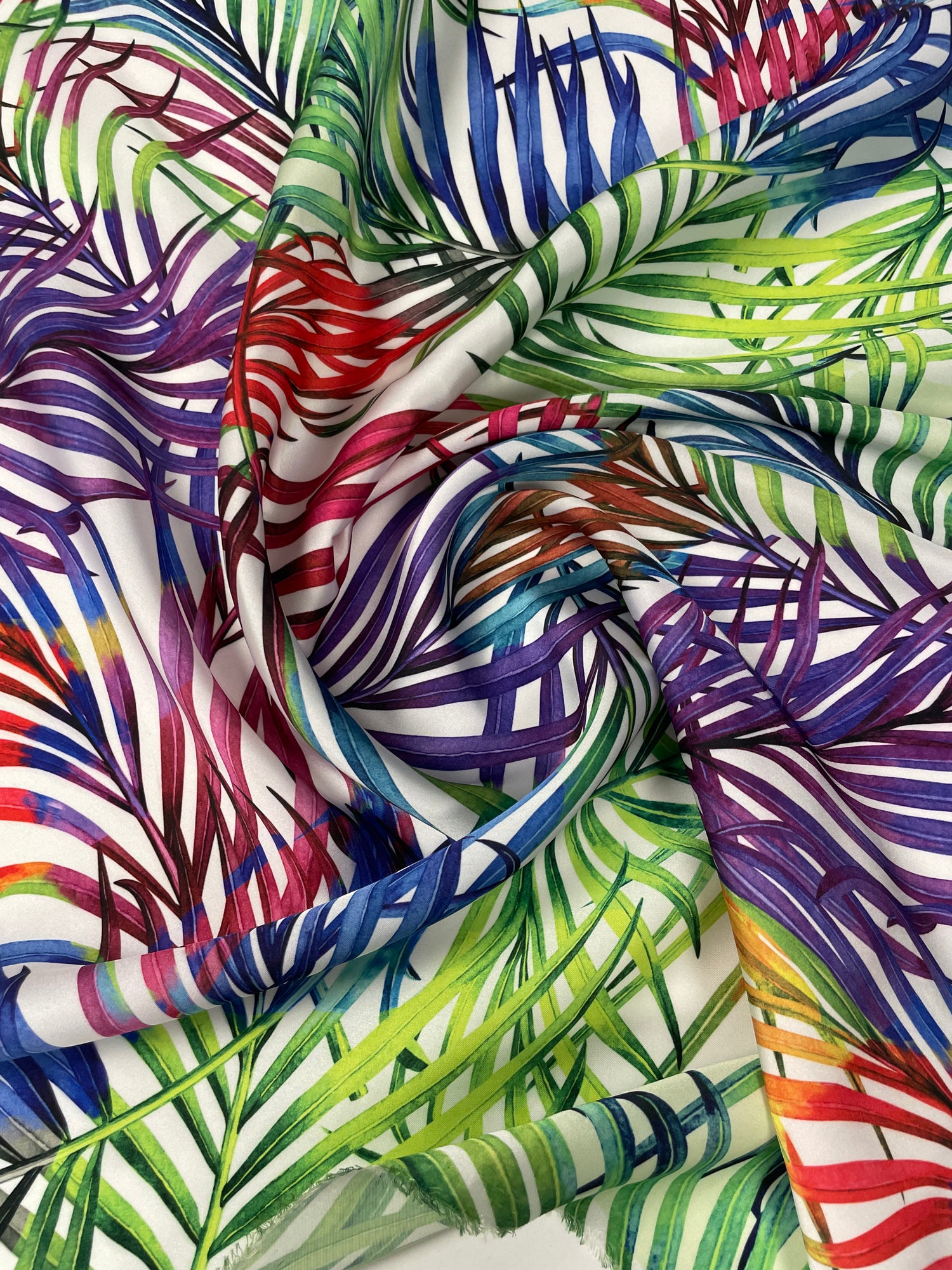 Tropical Multicolour Leaf Print Satin Fabric by the Metre