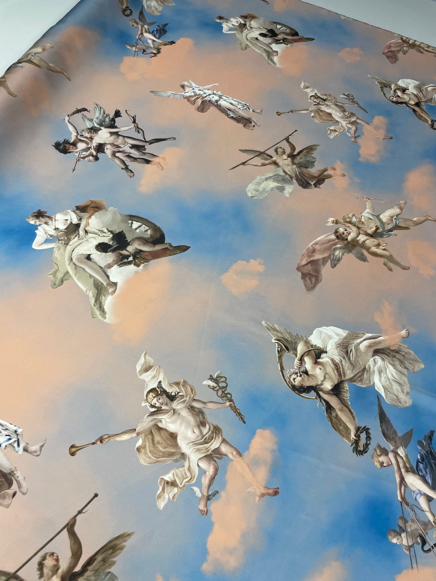 Sky Print Satin Fabric with Renaissance Angel Design