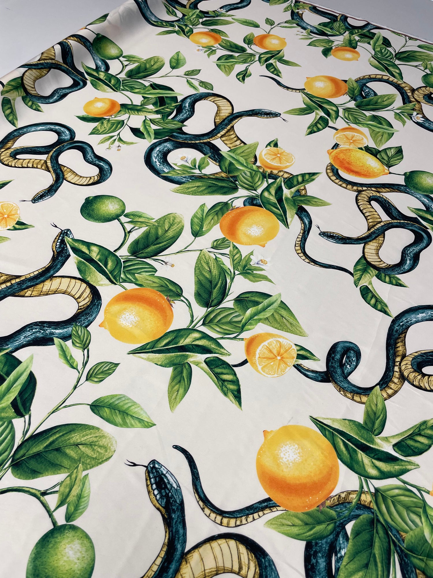 White Satin Fabric with Snake & Citrus Fruit Design
