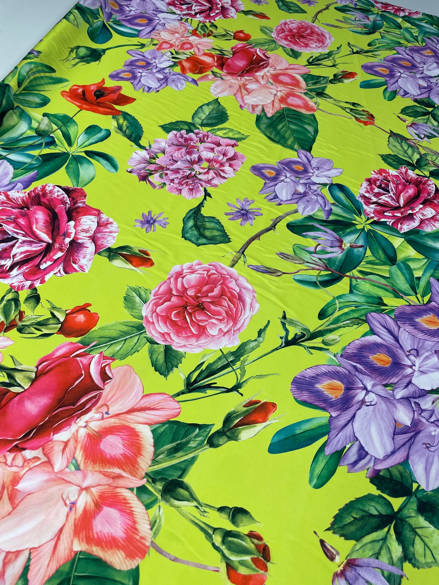 Lime Green Satin Fabric with Bold Floral Print