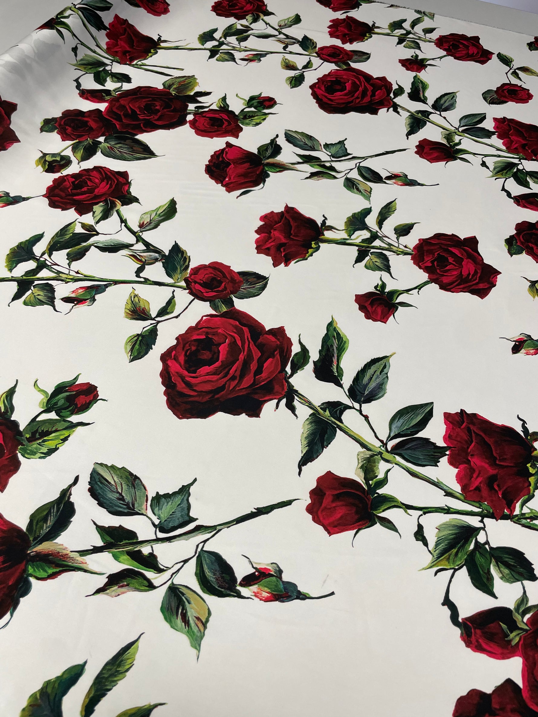 Ruby Roses Print White Satin Fabric with Red Rose Floral Print – Whotex Fabrics London