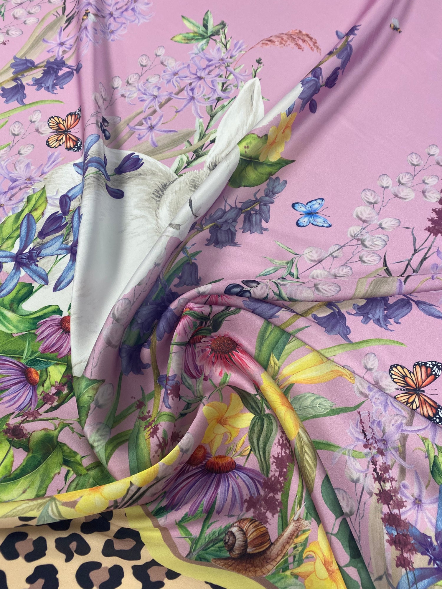 Pink Satin Fabric with Rabbit & Floral Garden Print