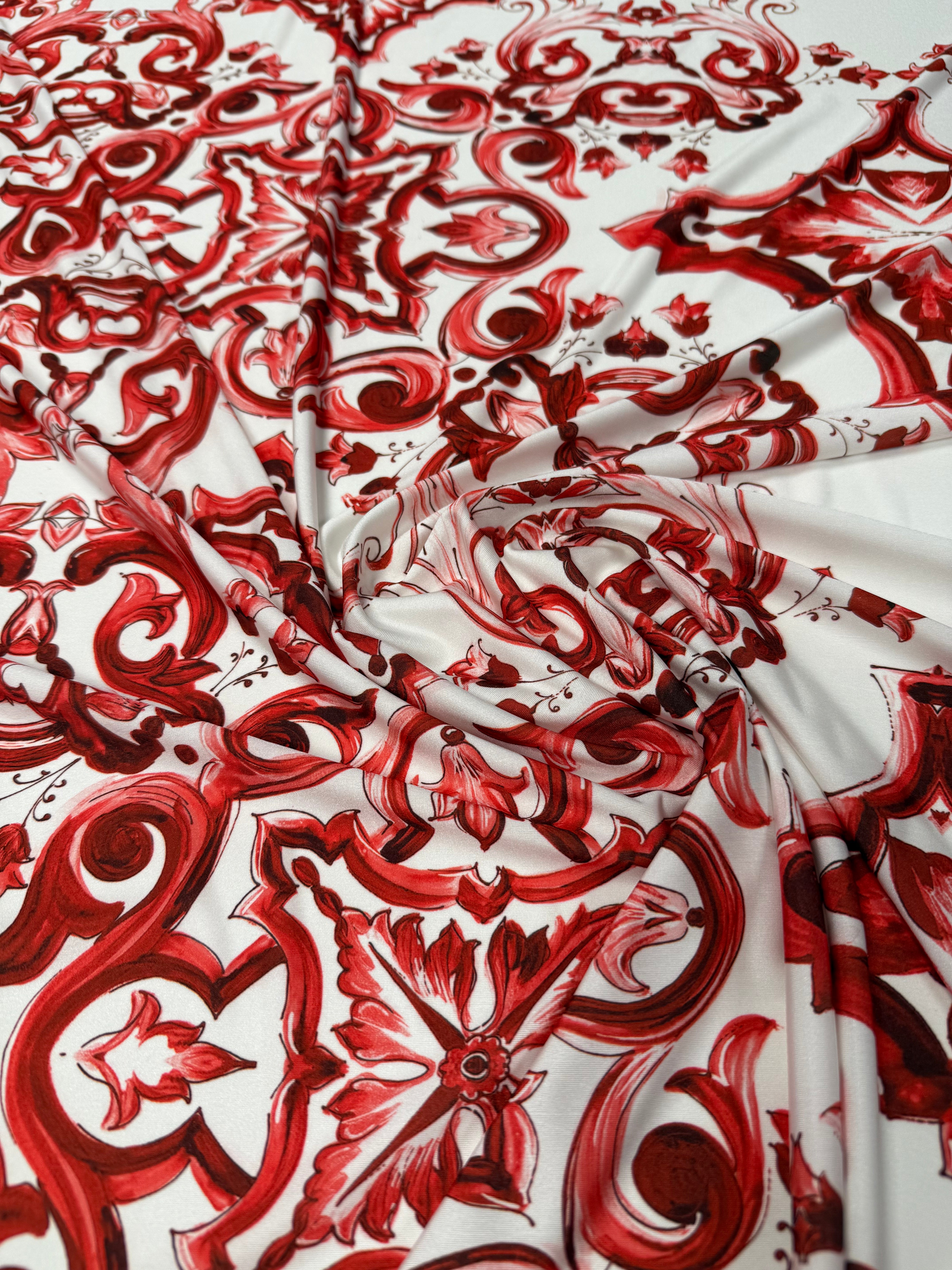 Red Baroque Lycra Stretch Fabric by the Metre – Whotex Fabrics London