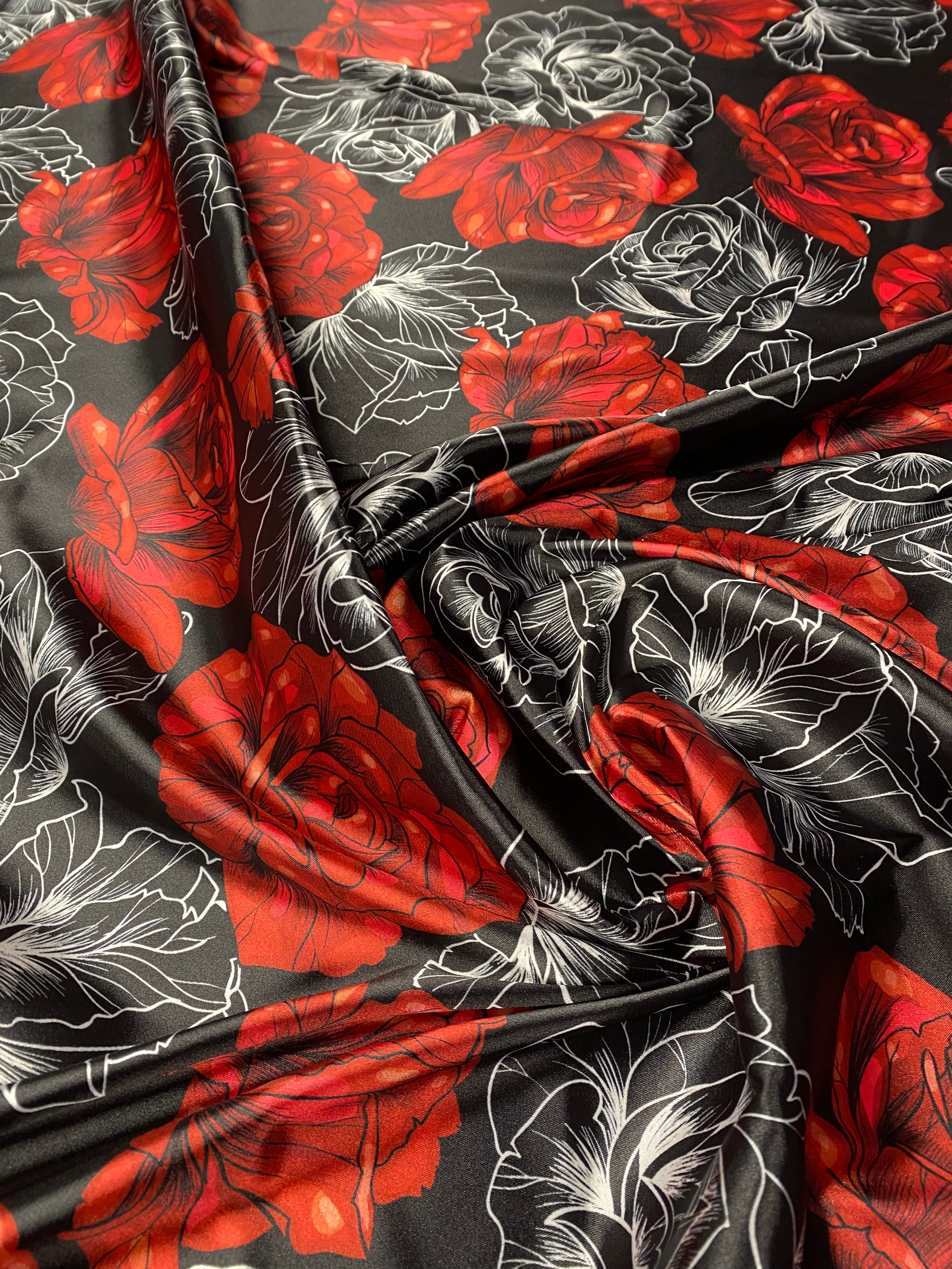 Red Rose Print Lycra Satin Fabric by the Metre – Whotex Fabrics London