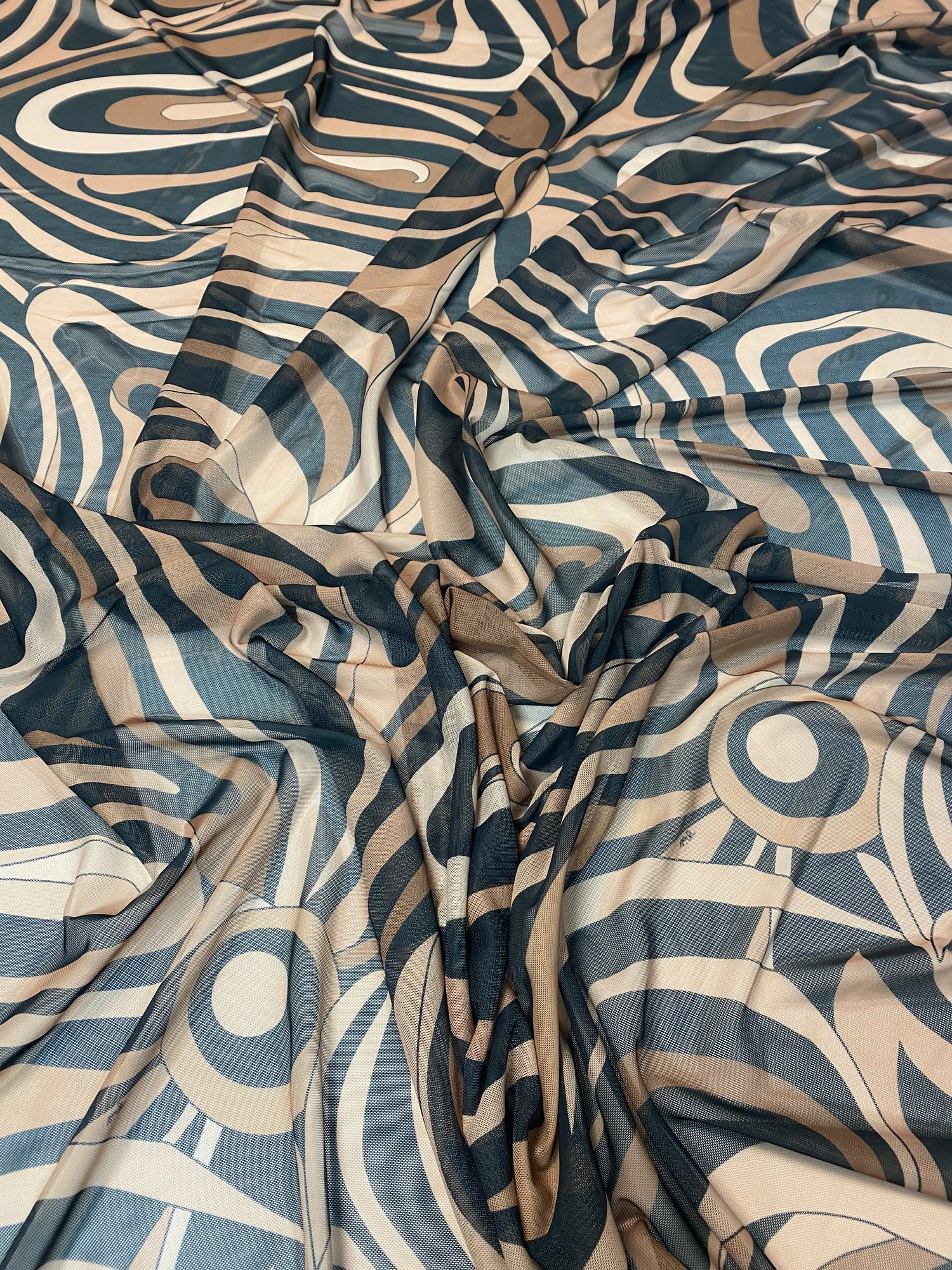Beige Black Abstract Wave Power Mesh Fabric by the Metre