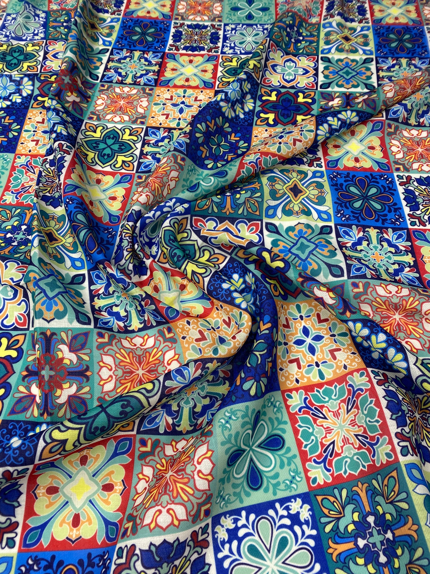 Tile Patchwork Poly Linen Fabric by the Metre