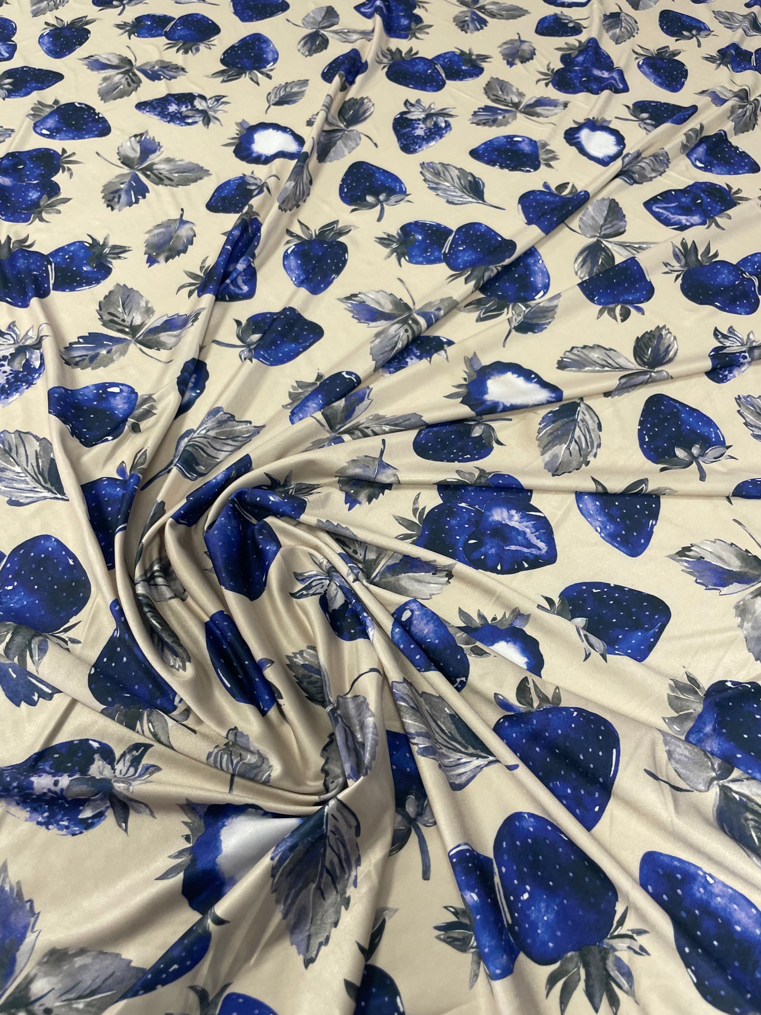 Blue Strawberry Print Spandex Fabric by the Metre