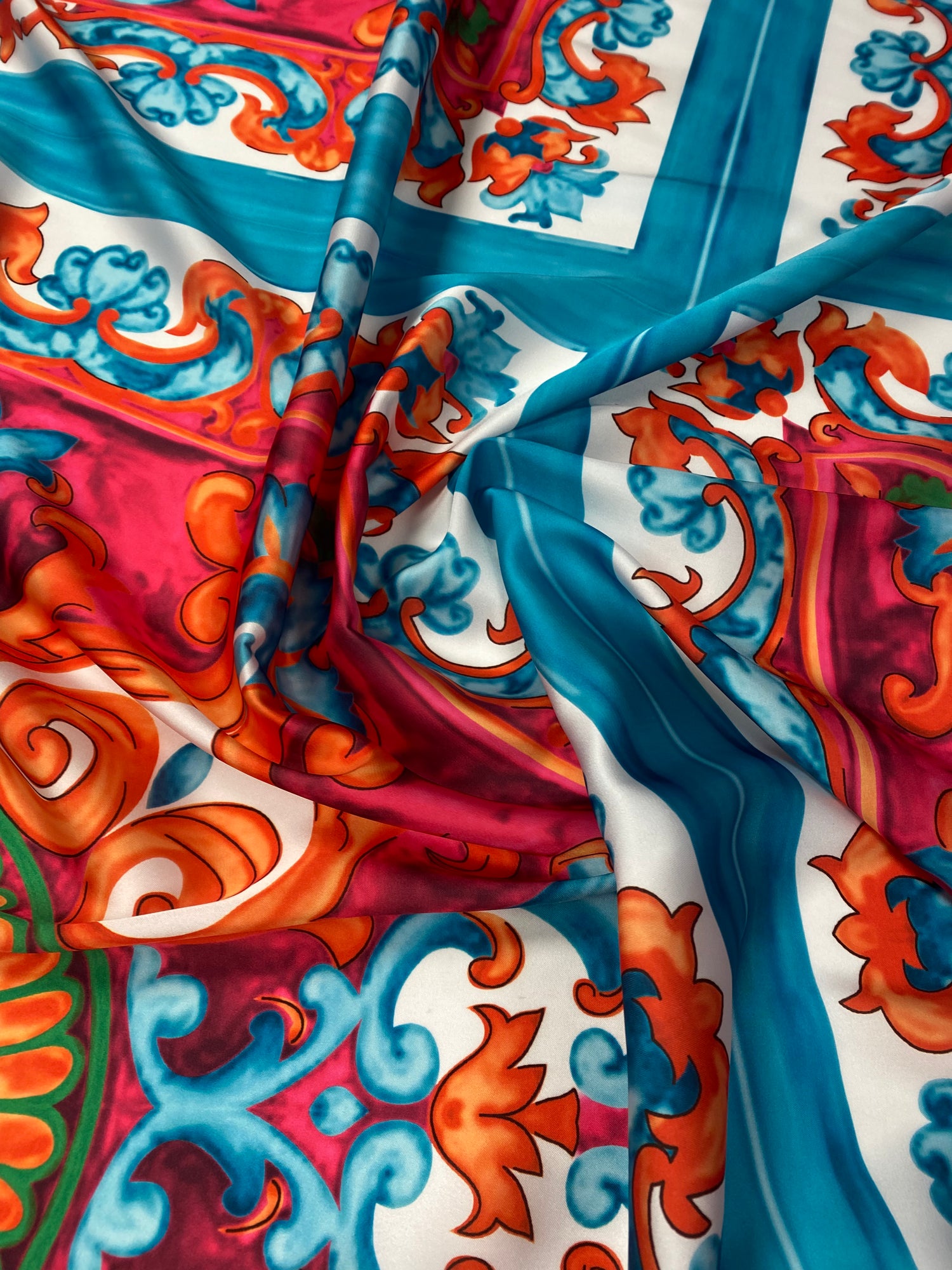 Ornamental Tile Print Satin Fabric by the Metre