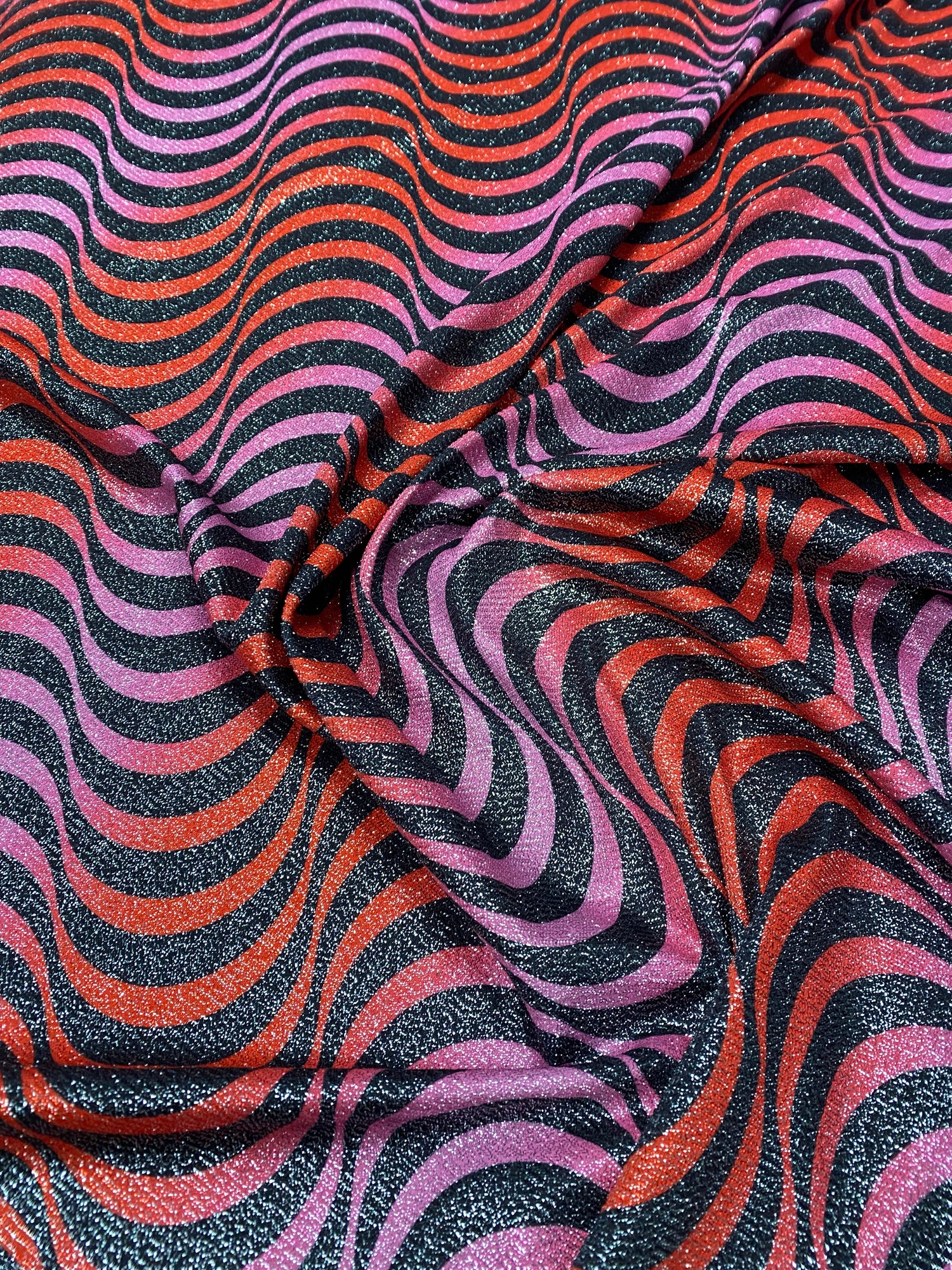 Red and Purple Wave Lurex Fabric with Metallic Shine