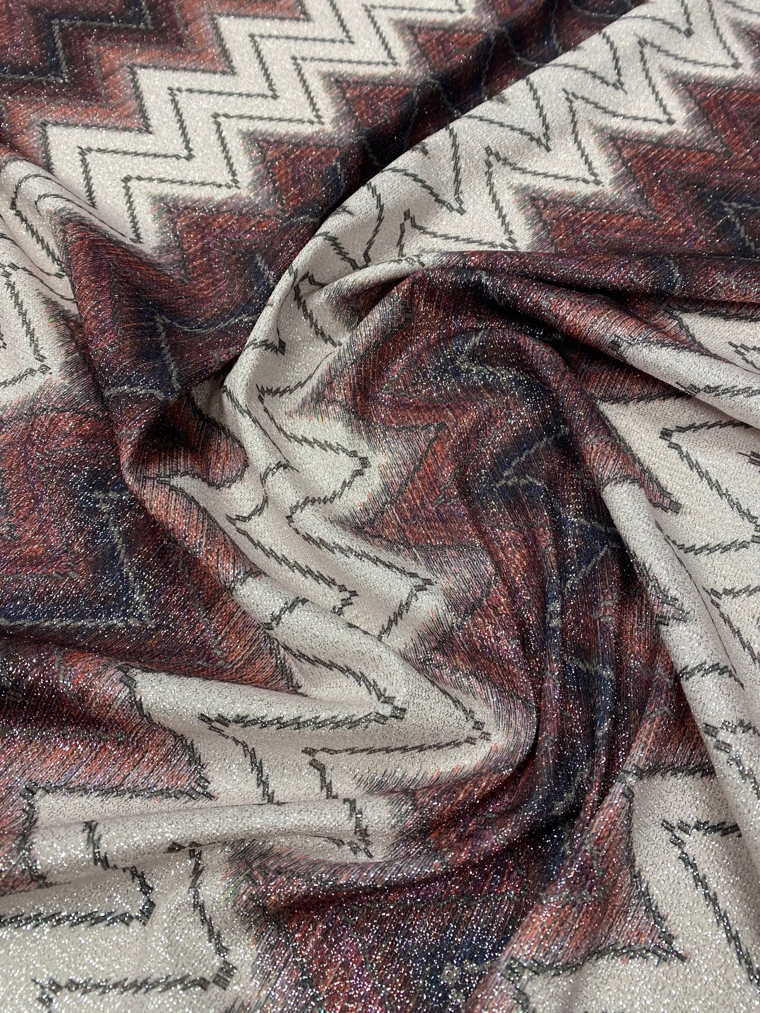 Beige and Burgundy Chevron Lurex Fabric by the Metre