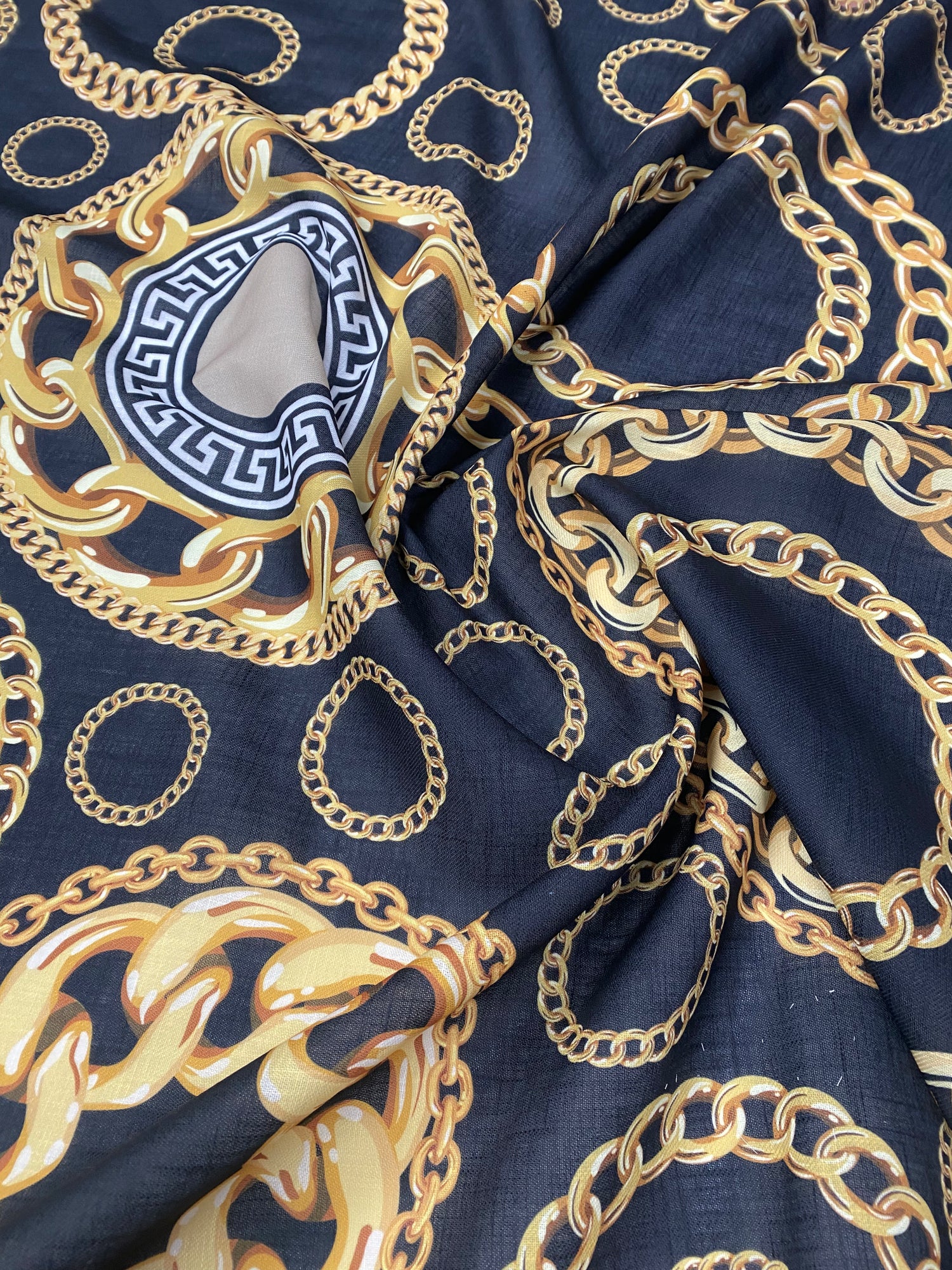 Black and Gold Baroque Pattern Luxury Chain Print Fabric by Metre