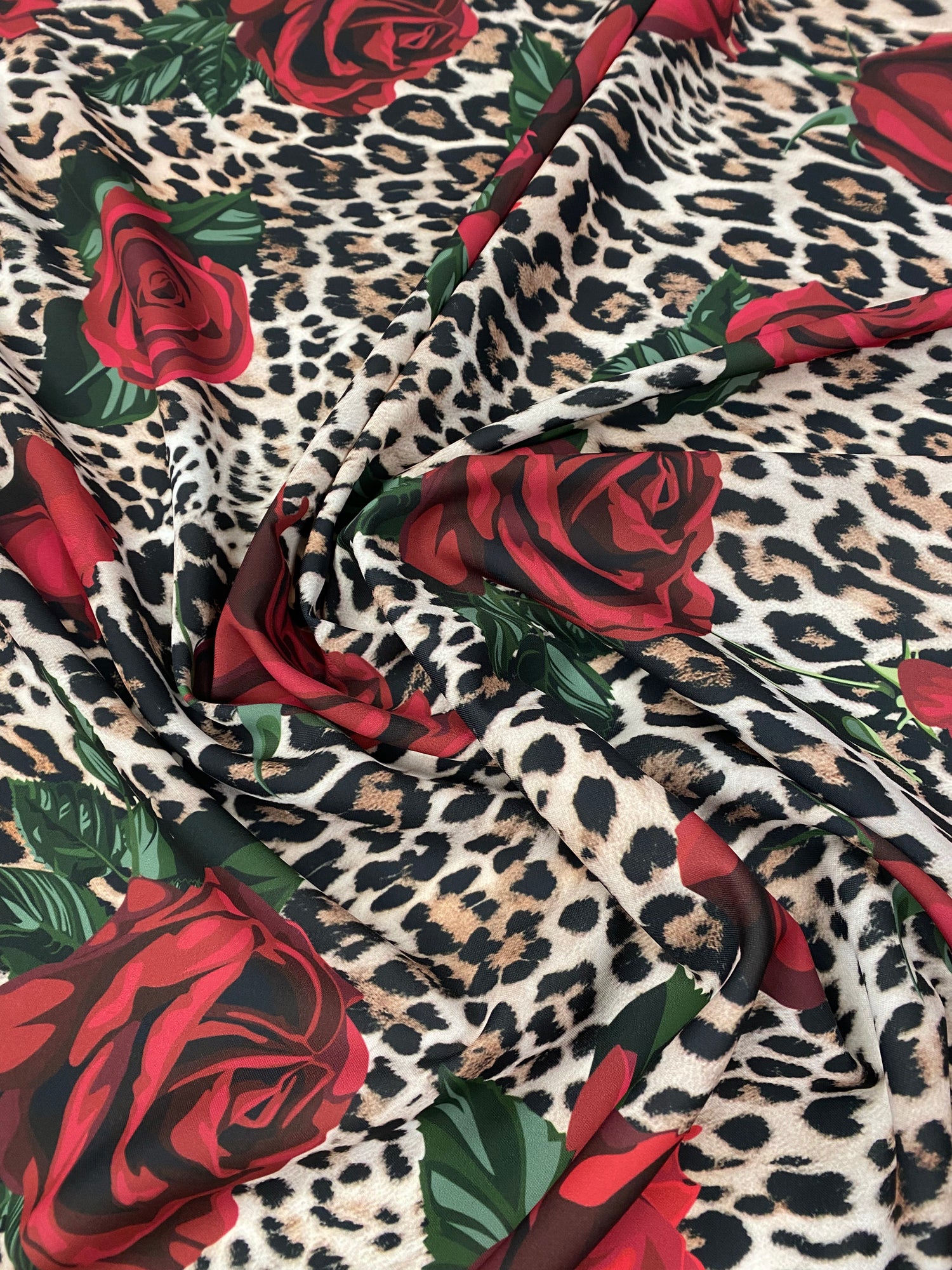 Leopard and Red Rose Print Fashion Fabric by the Metre