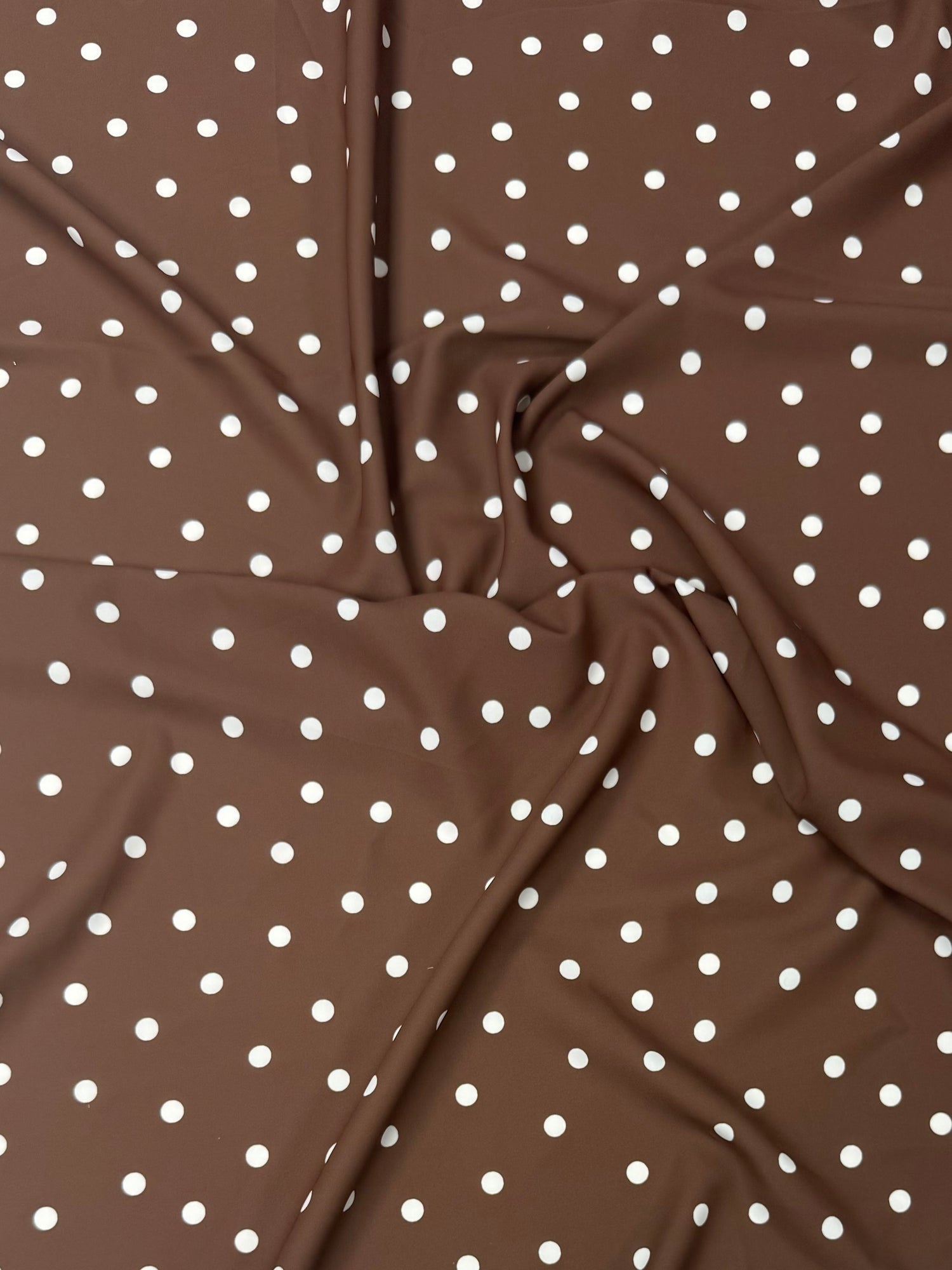 White Polka Dot Fabric on Brown Background by the Metre