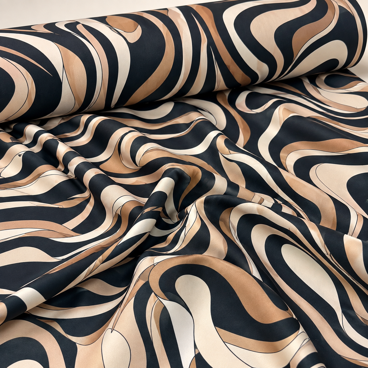 Beige Black Abstract Wave Stretch Scuba Fabric by the Metre