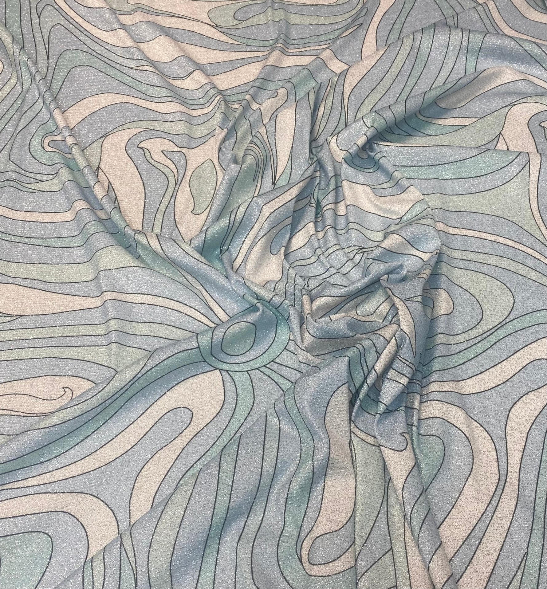 Abstract Baby Blue Swirl Lurex Fabric by the Metre - Whotex Fabrics London