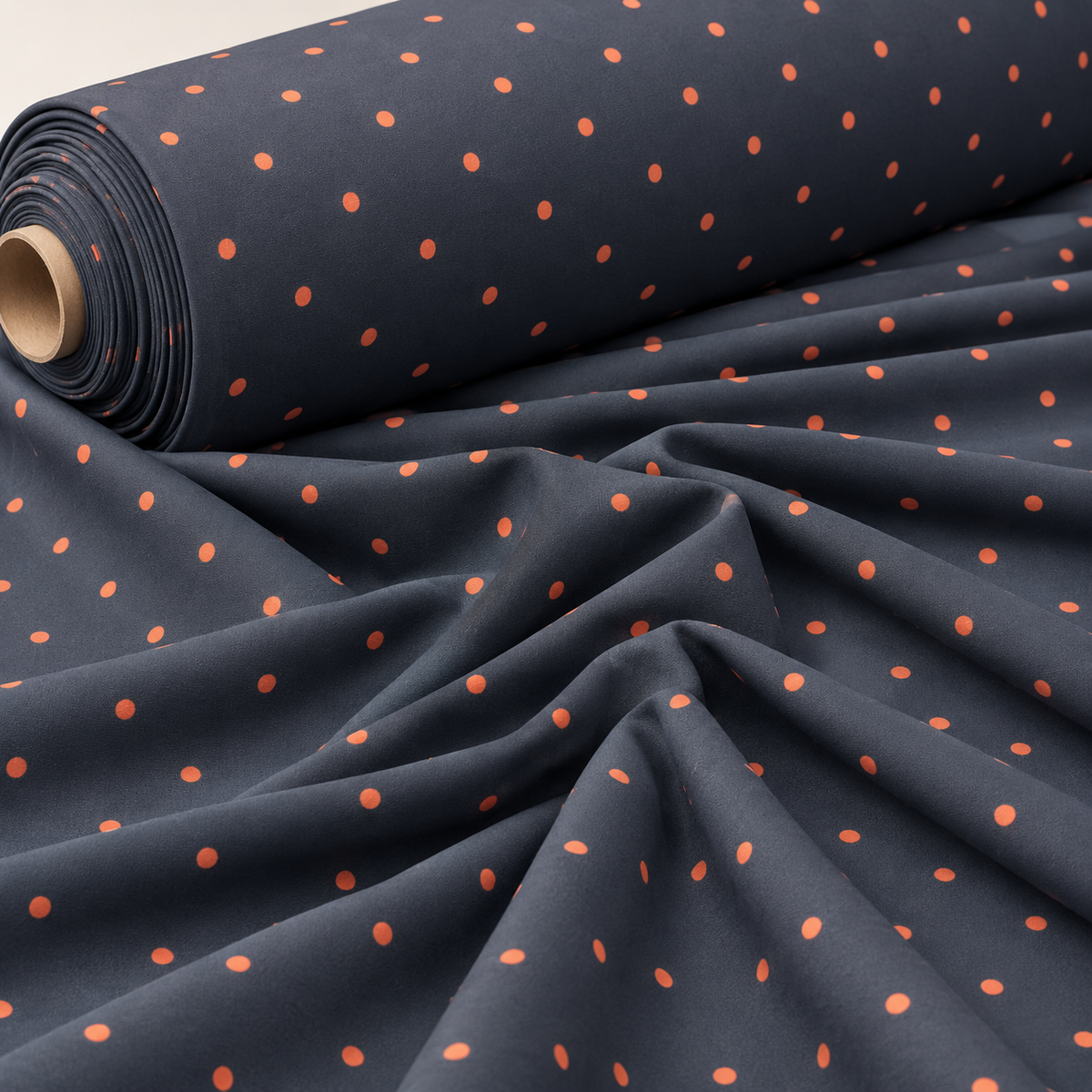 Navy Blue with Blush Pink Polka Dot Satin Fabric by the Metre