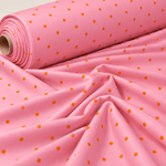 Baby Pink with Orange Polka Dot Satin Fabric by the Metre - Whotex Fabrics London