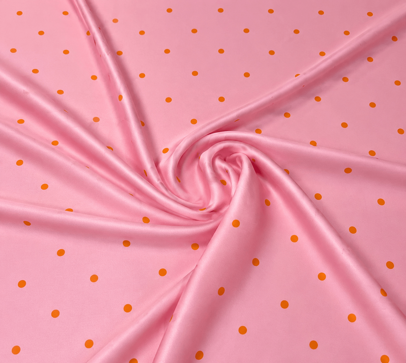 Baby Pink with Orange Polka Dot Satin Fabric by the Metre - Whotex Fabrics London