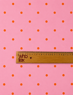 Baby Pink with Orange Polka Dot Satin Fabric by the Metre - Whotex Fabrics London